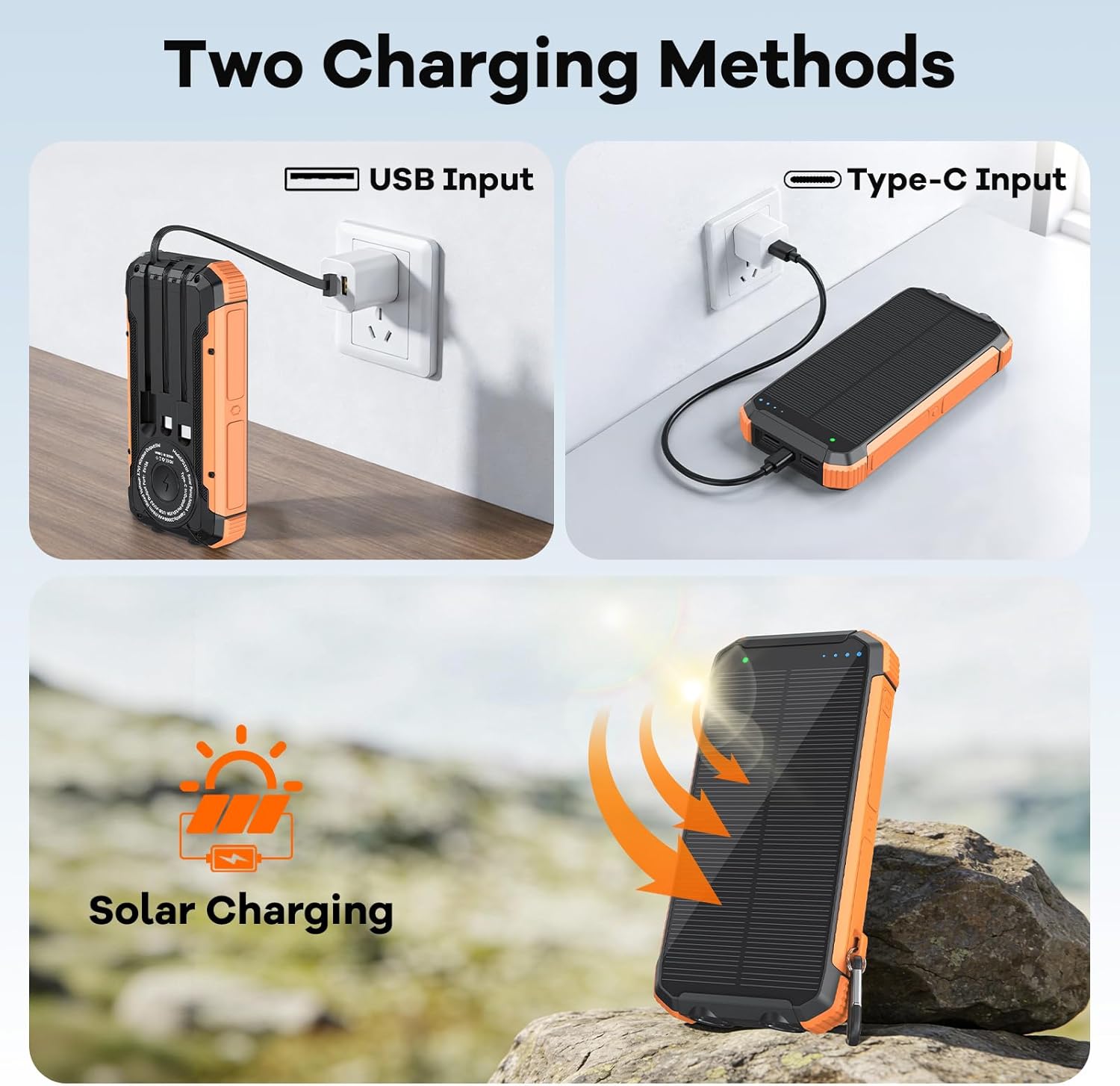 ERRBBIC Solar Charger Power Bank 20000mAh, Portable Wireless Charger, 15W Fast Charging External Battery Pack with Dual Flashlight and USB C Outputs, Outdoor Mobile Power Compatible with Cell Phones - Image 8