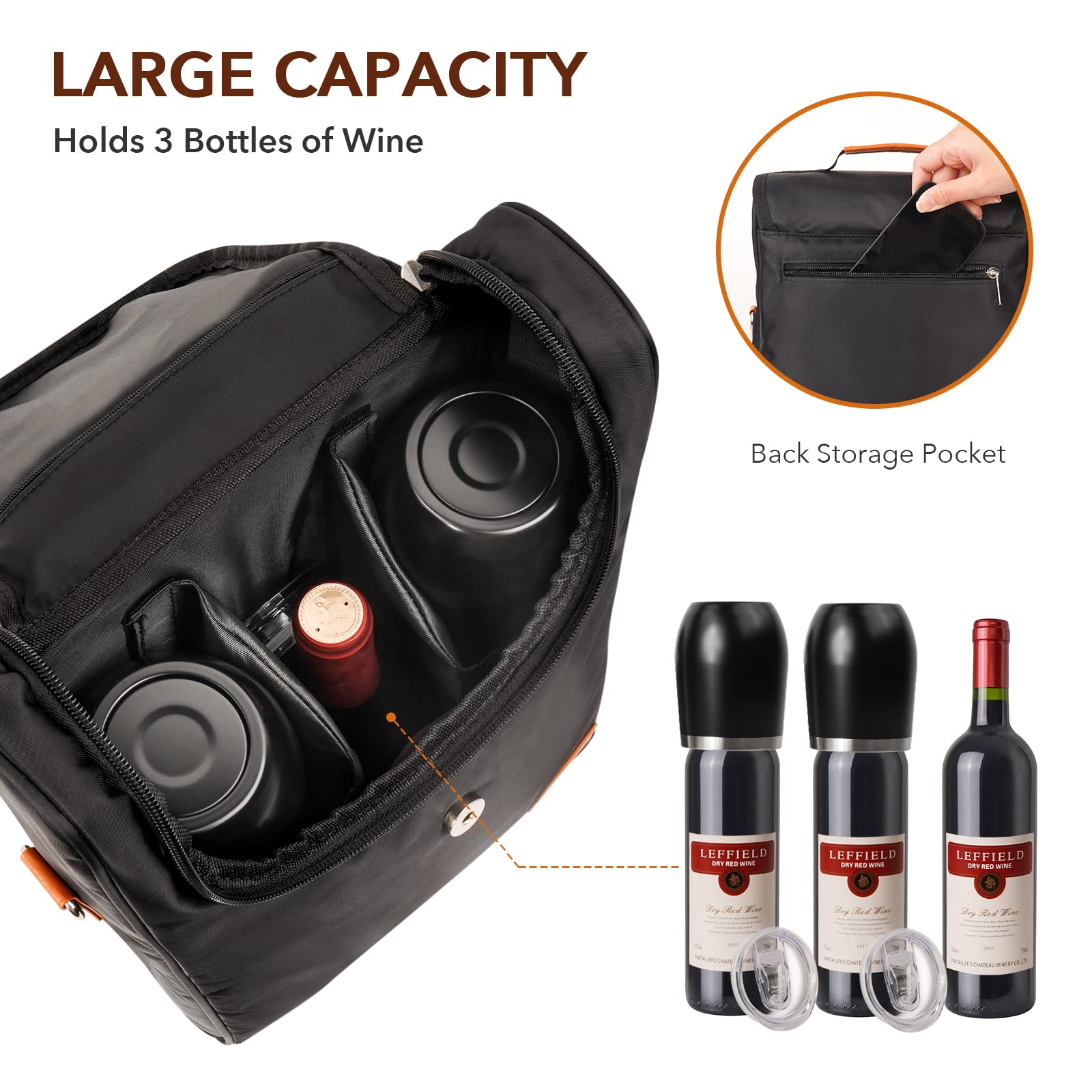 Bolsa de 3 botellas de vino con vasos de vino y abridor de vino, regalos de vino para mujeres, bolsa portátil para vino con correa para el hombro para viajes, picnic, playa, piscina, eventos, 2