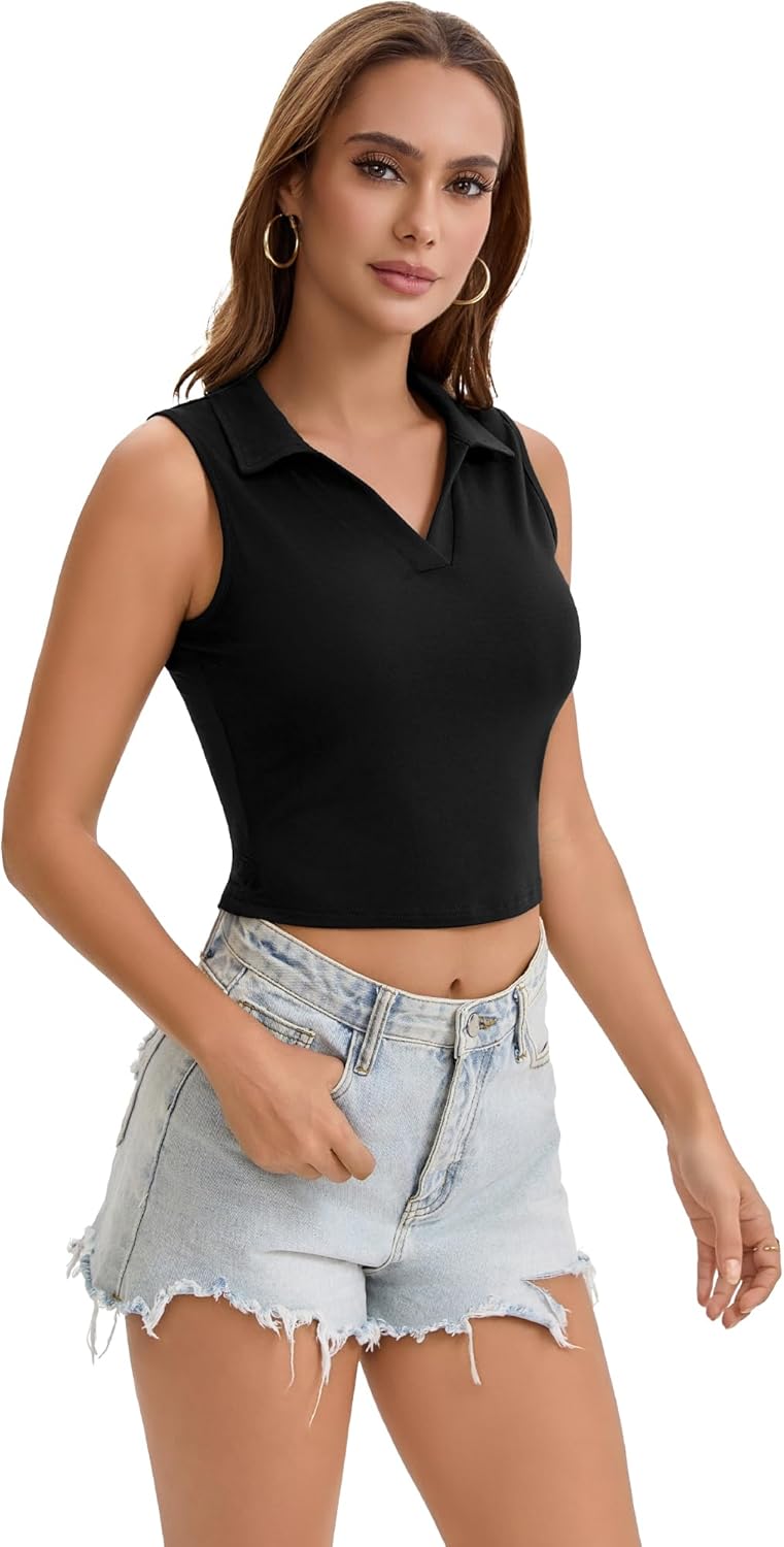 Cropped Tank Tops for Women Summer Sleeveless Golf Polo Shirts Collared V Neck Slim Fit Athletic Workout Tops - Image 3