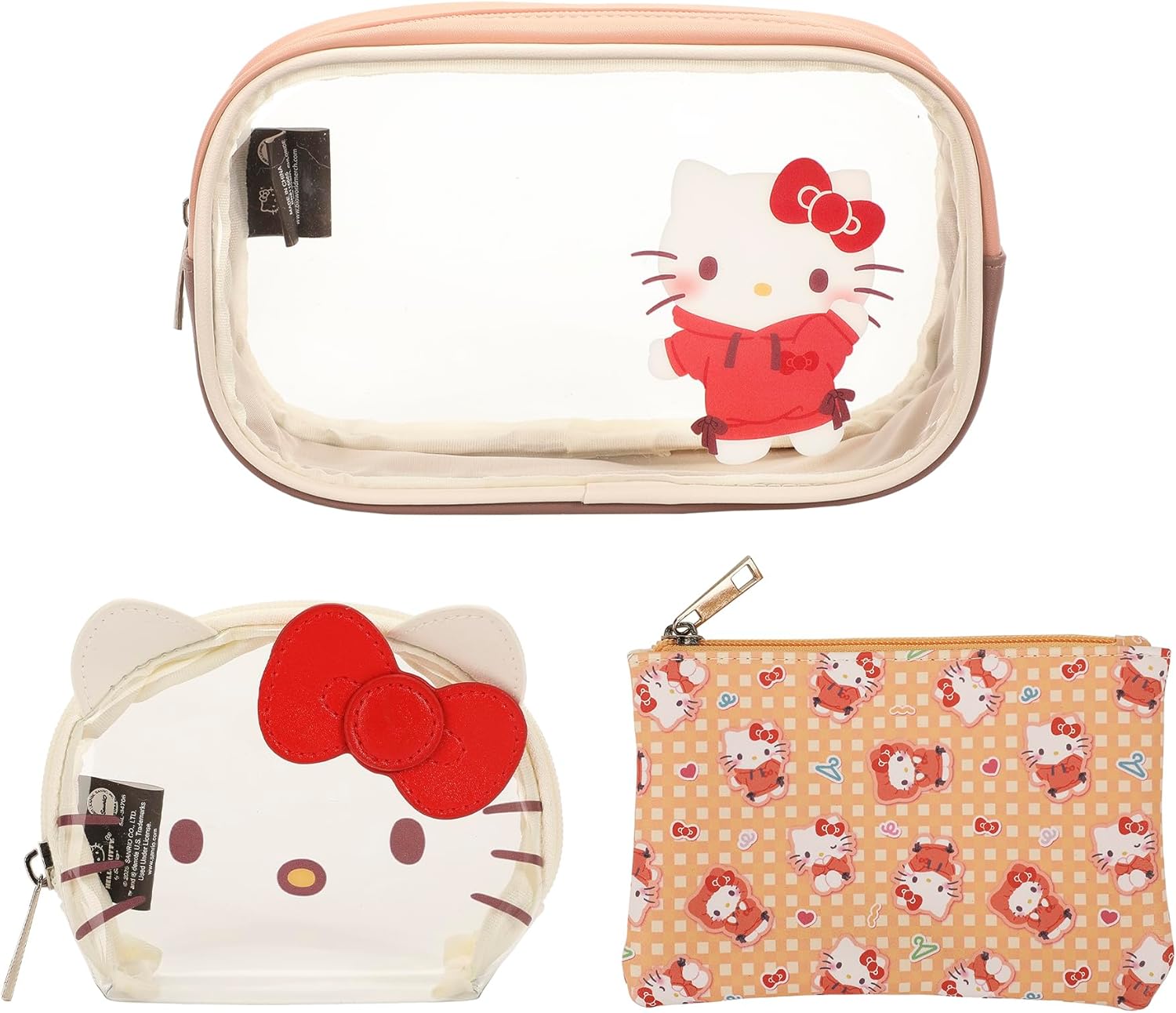 Bioworld Sanrio Hello Kitty 3-Piece Cosmetic Bag Set with Pattern Print and Zipper Closure