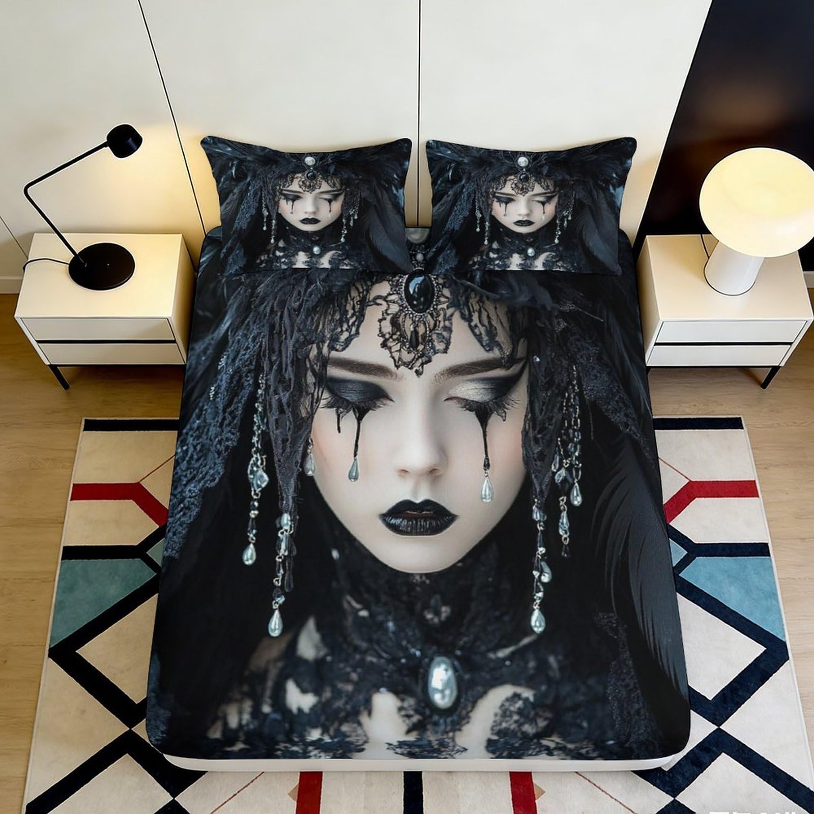 3D Printed Gothic Dark Angel Fitted Sheet Microfiber Soft Black Skull Bed Cover for Bedroom Dorm Mattress Protection Decor 90x200x25cm