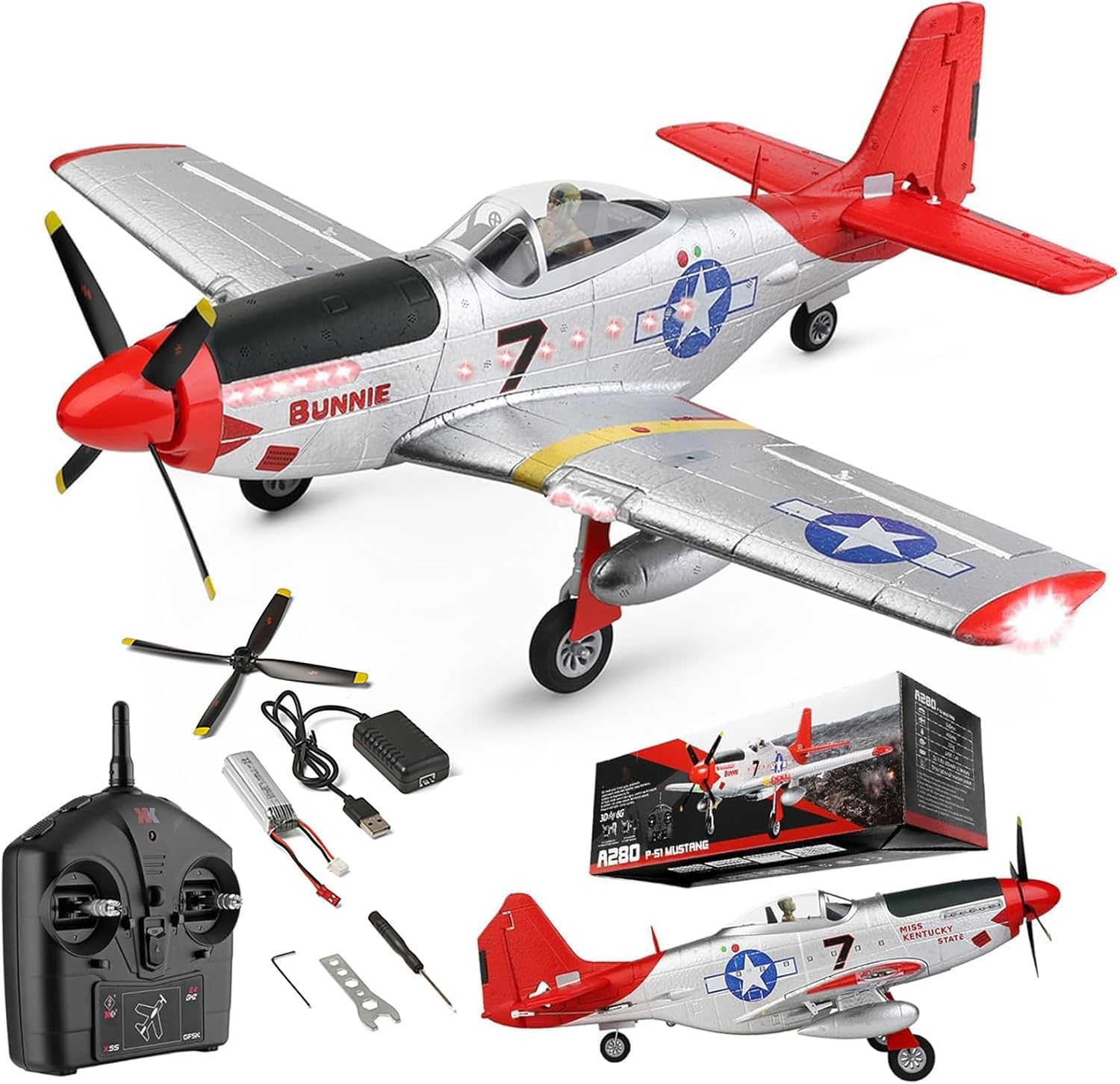 Large 560MM P51 P-51D Mustang Remote Control Combat Aircraft 4CH XK A280 3D/6G Aerobatic LED Brushless RC Aircraft Full-Function for Professional Players