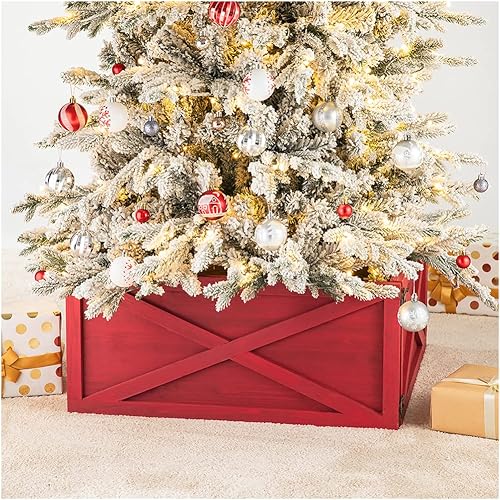 Glitzhome Washed Red Wooden Tree Collar Tree Stand Cover Christmas Tree Skirt Tree Box, 22" L
