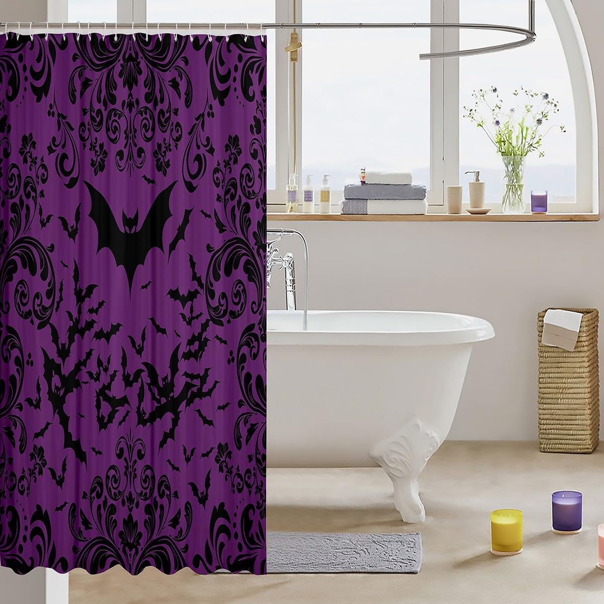 Erosebridal Halloween Bat 72" Wx78 L Shower Curtain for Girls Women,Purple Black Bats Bathroom Accessories Gothic Damask Flowers Bathroom Curtain Goth Floral Animal Halloween Decor for Shower
