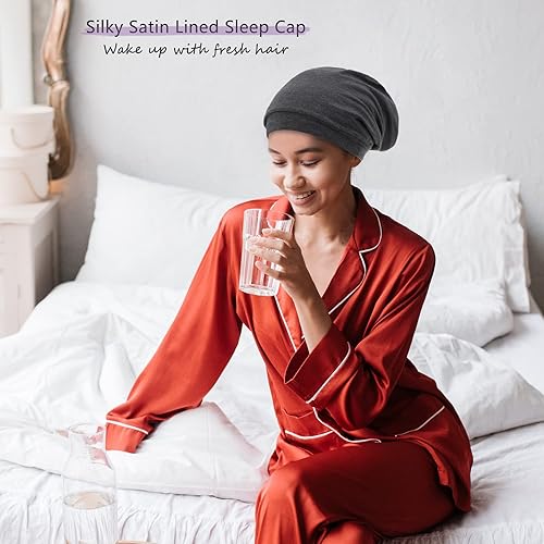 Miniatura 6 de Gorro de dormir con forro de satén de seda, ajustable que permanece toda la noche, gorro holgado para el cuidado del cabello rizado de mujeres y