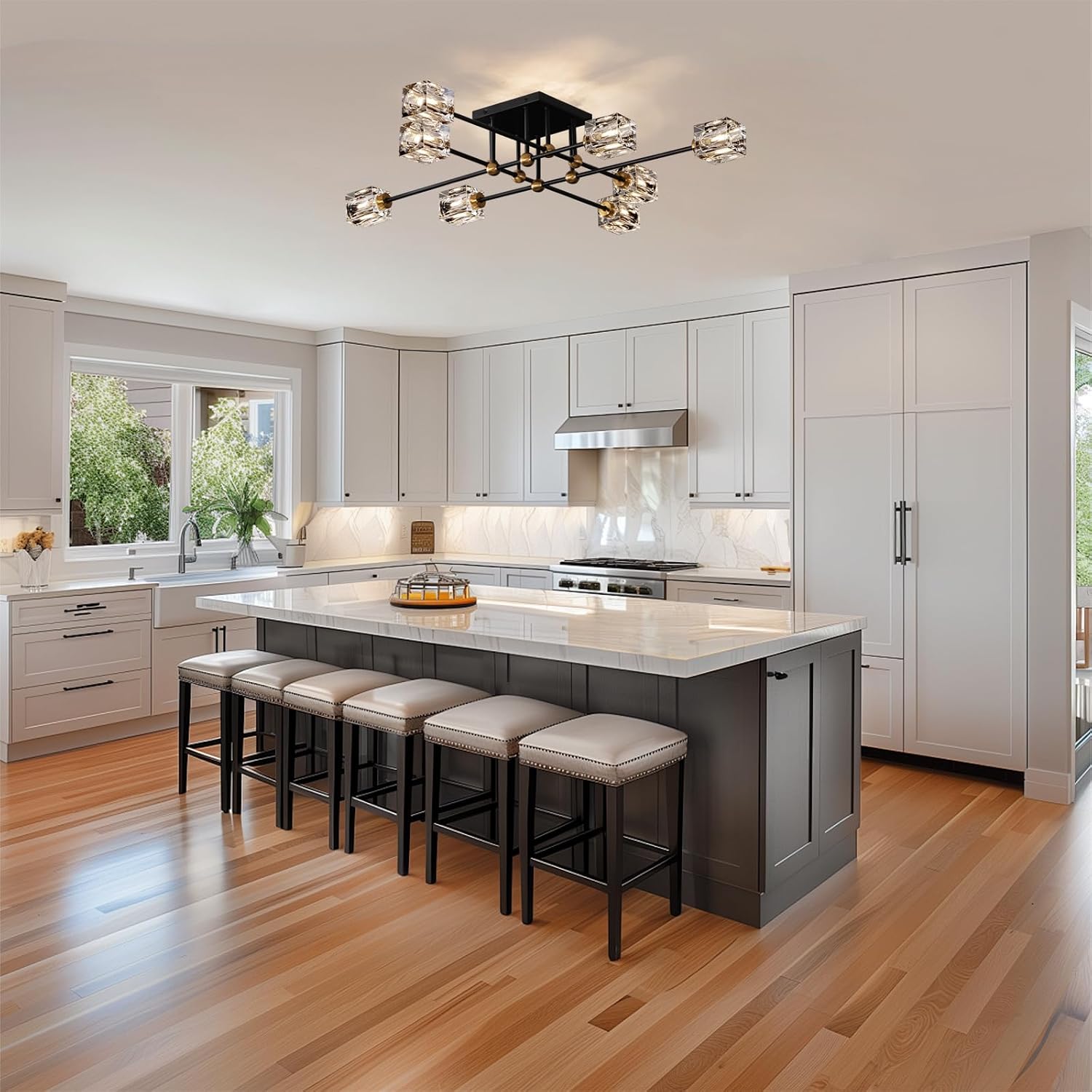 Modern Crystal Ceiling Light Fixture 13-Lights Black and Gold Semi Flush Mount Ceiling Light Farmhouse Chandeliers for Dining Room Kitchen Island Living Room Bedroom