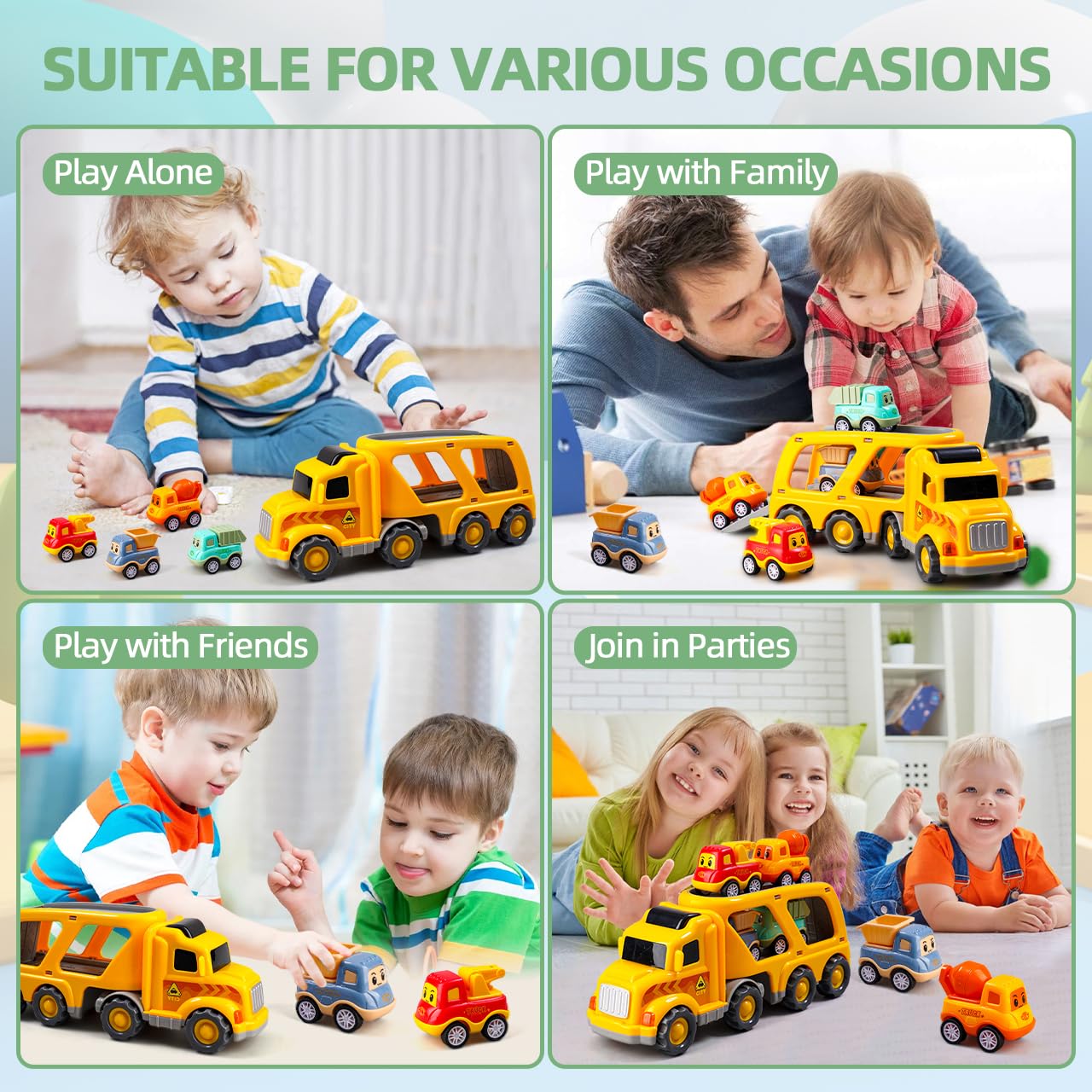 Jouets Camion 5-en-1 pour Enfants de 1 2 3 4 Ans, Transporteur à Friction avec 4 véhicules de Construction, Jeu de véhicules pour Garçons et Filles avec Lumières et Sons | 5-en-1 véhicules de Construction avec Lumières et Sons, Jouet de 1 2 3 4 Ans pour G