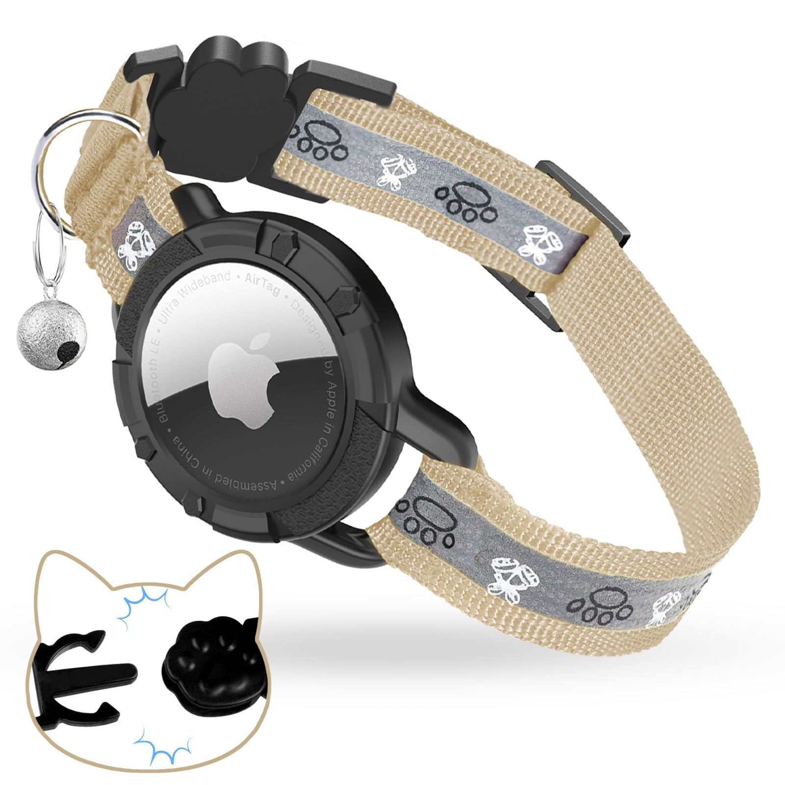 Collar AirTag para gatos reflectante caqui elástico 8-13" con cascabel