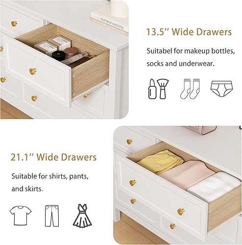 Miniatura 22 de LYNSOM Cómoda negra para dormitorio con 7 cajones, cómoda moderna y ancha de almacenamiento con asas doradas, cómoda de soporte de TV, cómoda de