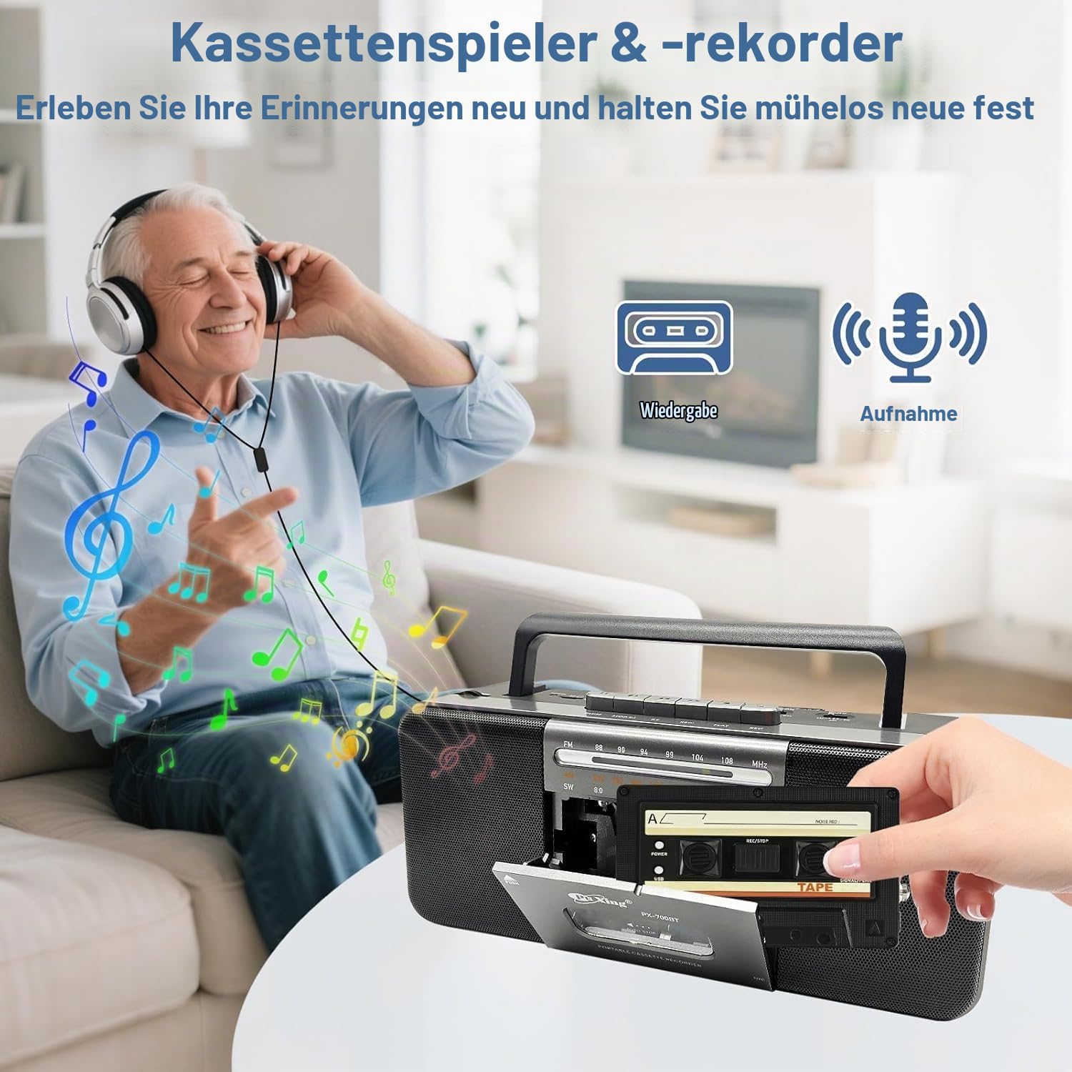 Tragbarer Bluetooth Kassettenspieler Boombox mit Kassettenrecorder, AM/FM/SW Radio, 10W Dual-Lautsprecher, USB/TF/MP3 Wiedergabe, Kopfhöreranschluss, Netz- & Batteriebetrieb - Grau