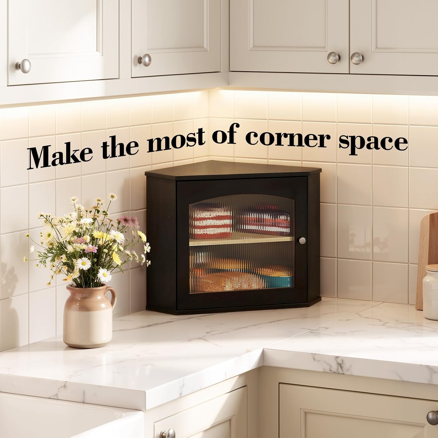 LAMU Corner Bread Box for Kitchen Countertop, Bamboo Wood Bread Storage