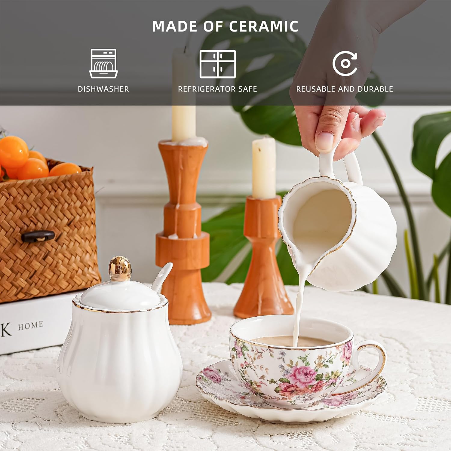 Agyiuns Ceramic Sugar and Creamer Set, 3 Piece with Cream Pitcher, Sugar Bowl with Lid and Spoon,Coffee and Tea Serving Set (White with gold line) image 3