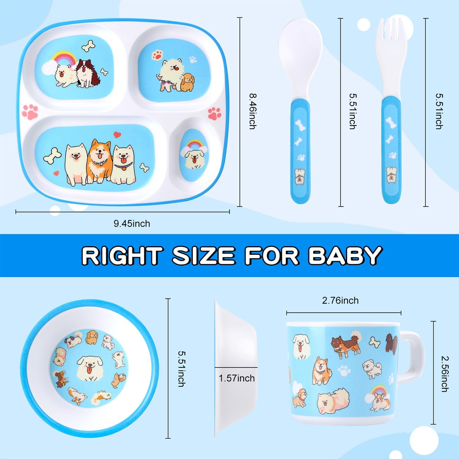 5-Piece Kids Melamine Dinnerware Set – Plate, Bowl, Cup, Fork & Spoon – BPA-Free, Durable & Lightweight Cartoon Set for Toddlers (Puppy Band)