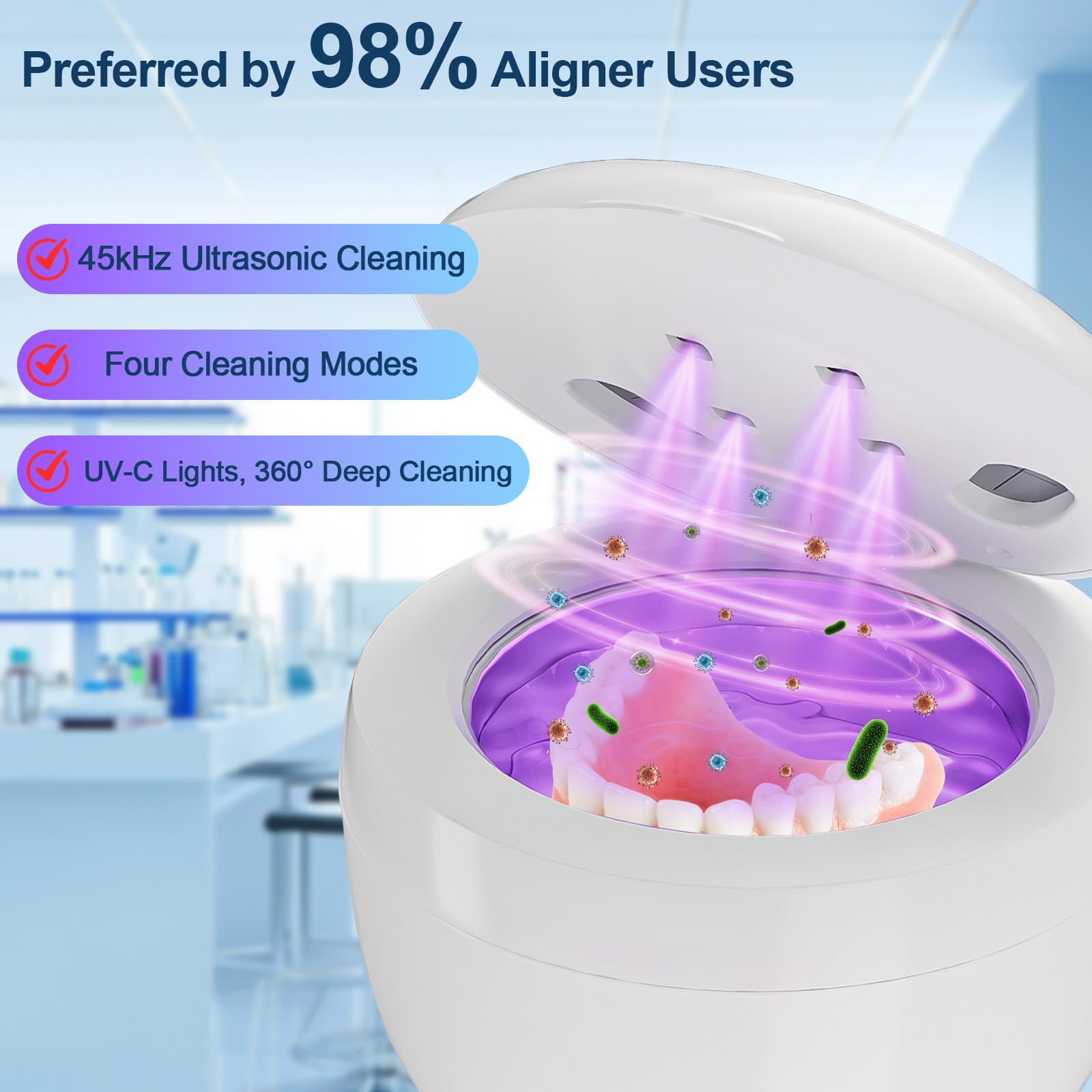 Pulitore a ultrasuoni Vankarr UV, 45000Hz 25W Pulitore portatile a ultrasuoni Pod dentale per bite dentali, protesi, fermi, allineatori, 4 lampade UV-C, 200ml, bianco