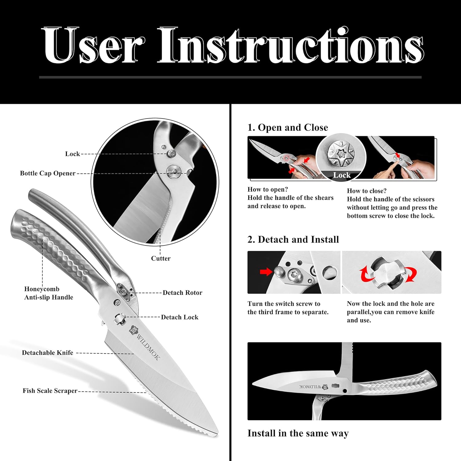 WILDMOK Heavy Duty Poultry Kitchen Shears – Multi-function Stainless Steel Poultry Shears, Ultra Sharp All Purpose Kitchen Scissors Cutting Chicken Meat, Turkey, Fish