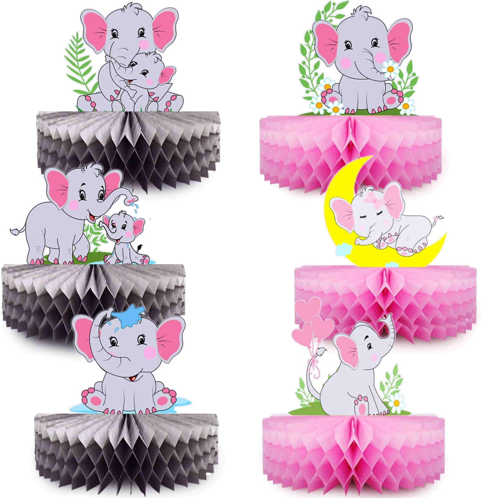 Mity rain 6 Pack Pink Elephant Honeycomb Centerpieces - Double-Sided Baby Girl Elephant Table Decorations Little Peanut Cutouts for It's A Girl Baby Shower Kids Birthday Party Supplies