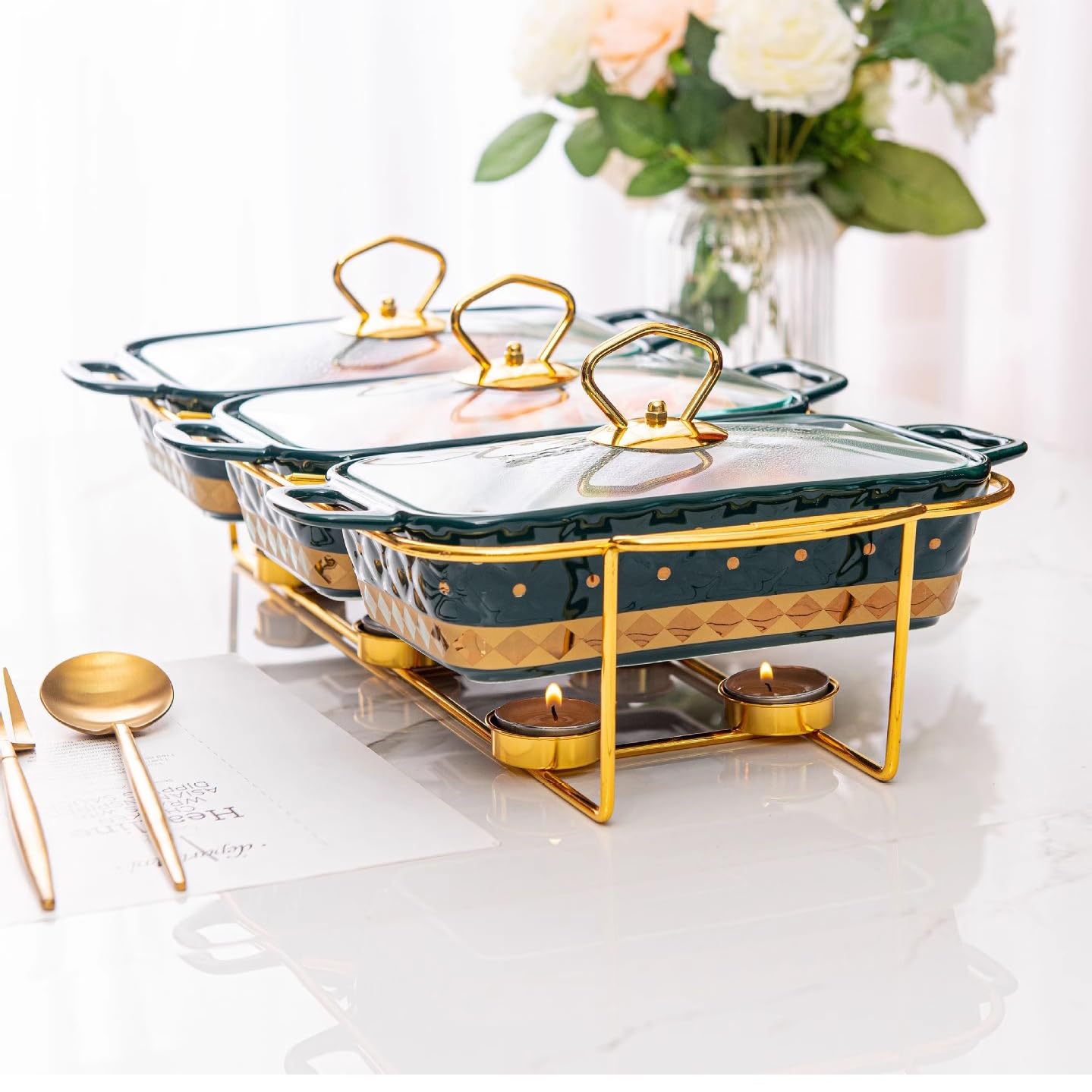 Servidor de buffet de cerámica con tapa de cristal para calentar, ideal para bodas, fiestas, banquetes y eventos de catering
