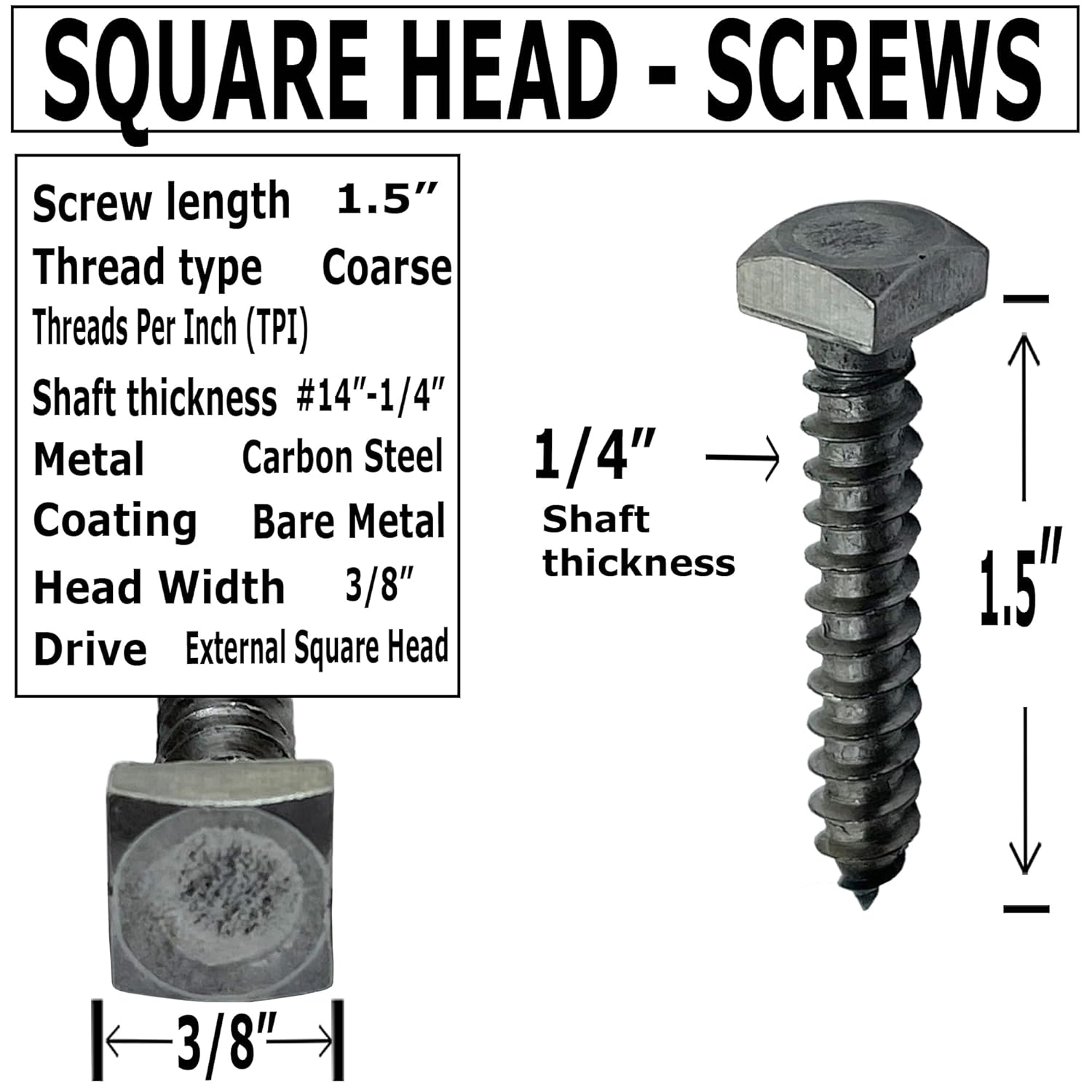 ¼” x 1.5” - Rustic Square Head Lag Wood Screws – Decorative Antique Metallic Square Drive Lag Bolts – Bare Metal - ¼ in x 1 ½ in - for Hinges, Cabinets & Doors (50, Screws)