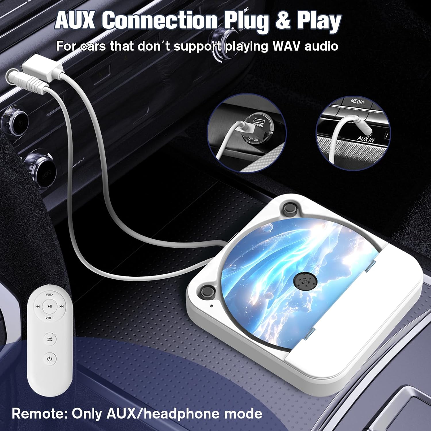 AUX connection setup for the DDup Portable CD Player in a car.