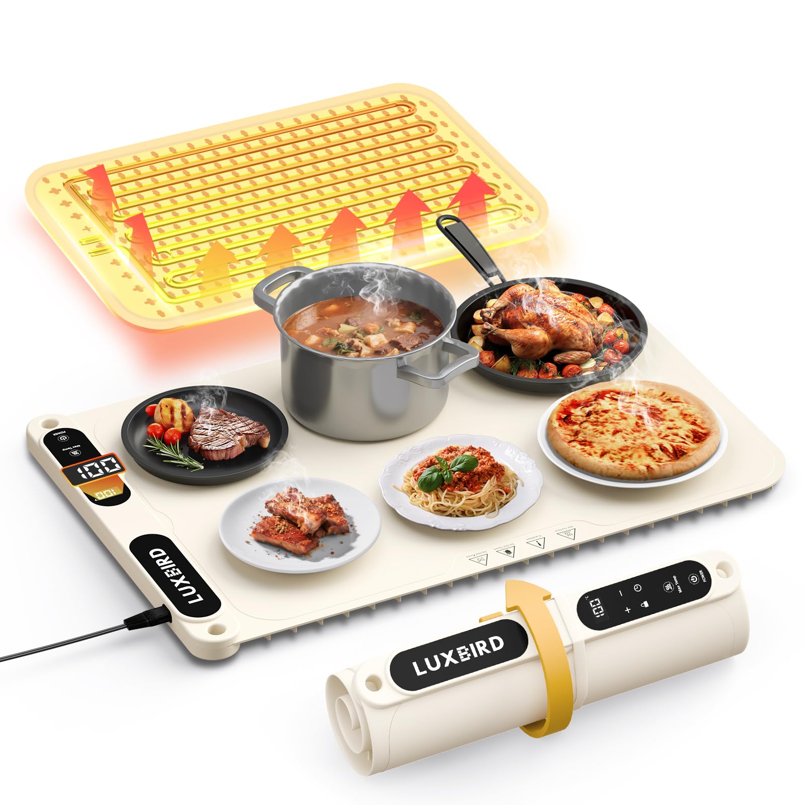 Luxbird Chauffe Plat Électrique, Plaque Chauffante Pliable Flexible avec 7 Réglages de Température et Minuterie, Fonction Verrouillage Enfant pour Maison Cuisine Buffets Fêtes Banquet, Beige