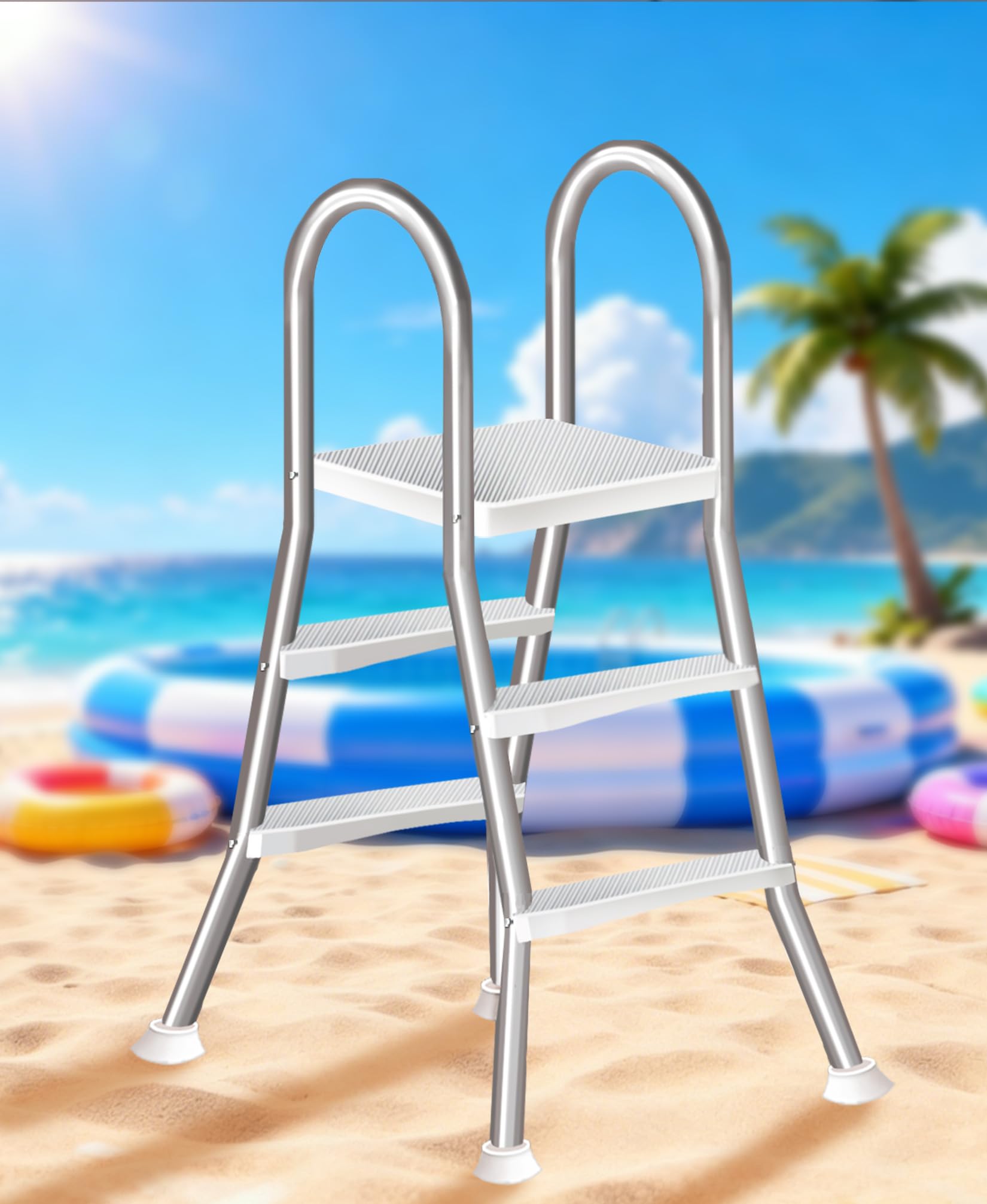 Above Ground Swimming Pool Ladder Stairs, 4 Steps Double Side Anti-Slip Design, 304 Stainless Steel Frame, 250kg Load, for 135cm High Pool Wall,85cm