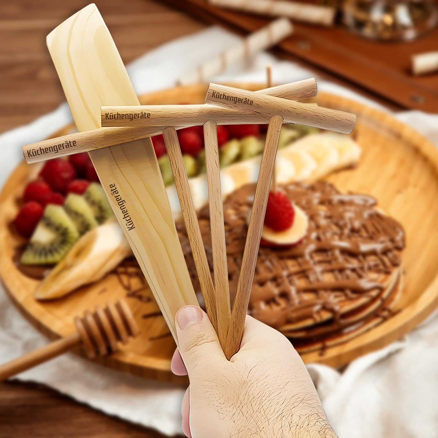 Kuchengerate - Juego de 4 esparcidores de crepé y espátula, 12 pulgadas, espátula de crepé de 3.5, 5, 7 pulgadas, kit de esparcidores de cenizas naturales, para crepería, para adaptarse a sartenes de 7