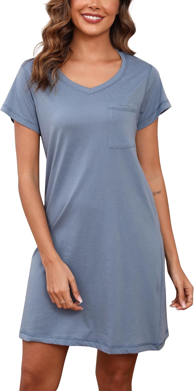 PNAEONG Womens Cotton Nightshirt Soft Nightgowns Short Sleeve Casual Pajama Dress Sleepwear with Breast Pocket S-3XL