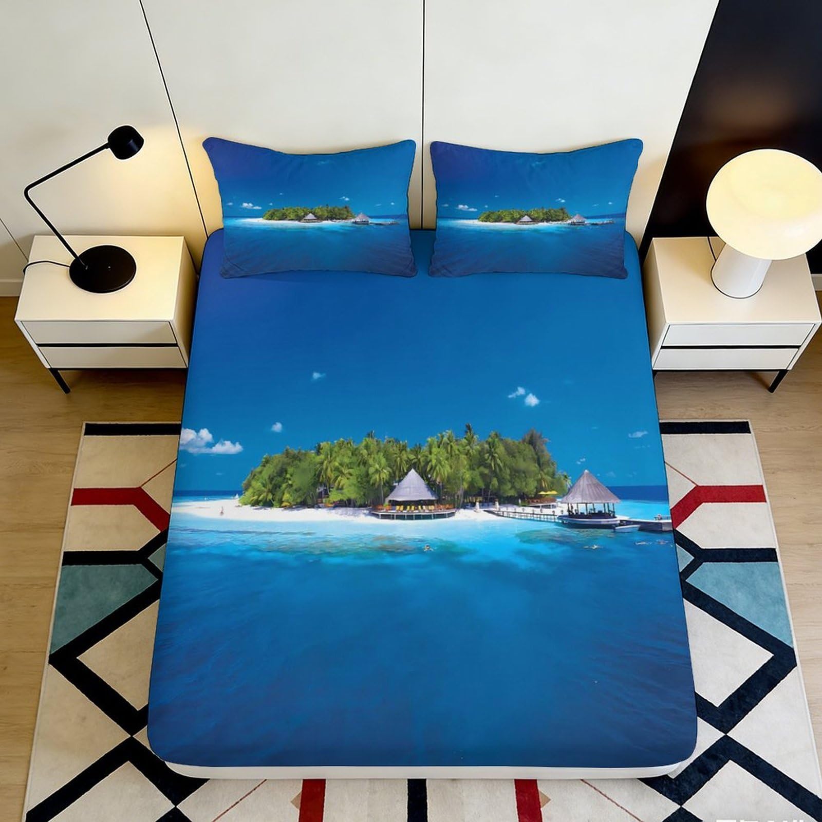 Pnayamiorkfel Style-9 3D Printed Tropical Island Fitted Sheet Microfiber Ocean Paradise Bed Cover For Bedroom Guest Room Mattress Decor 90X200x25cm