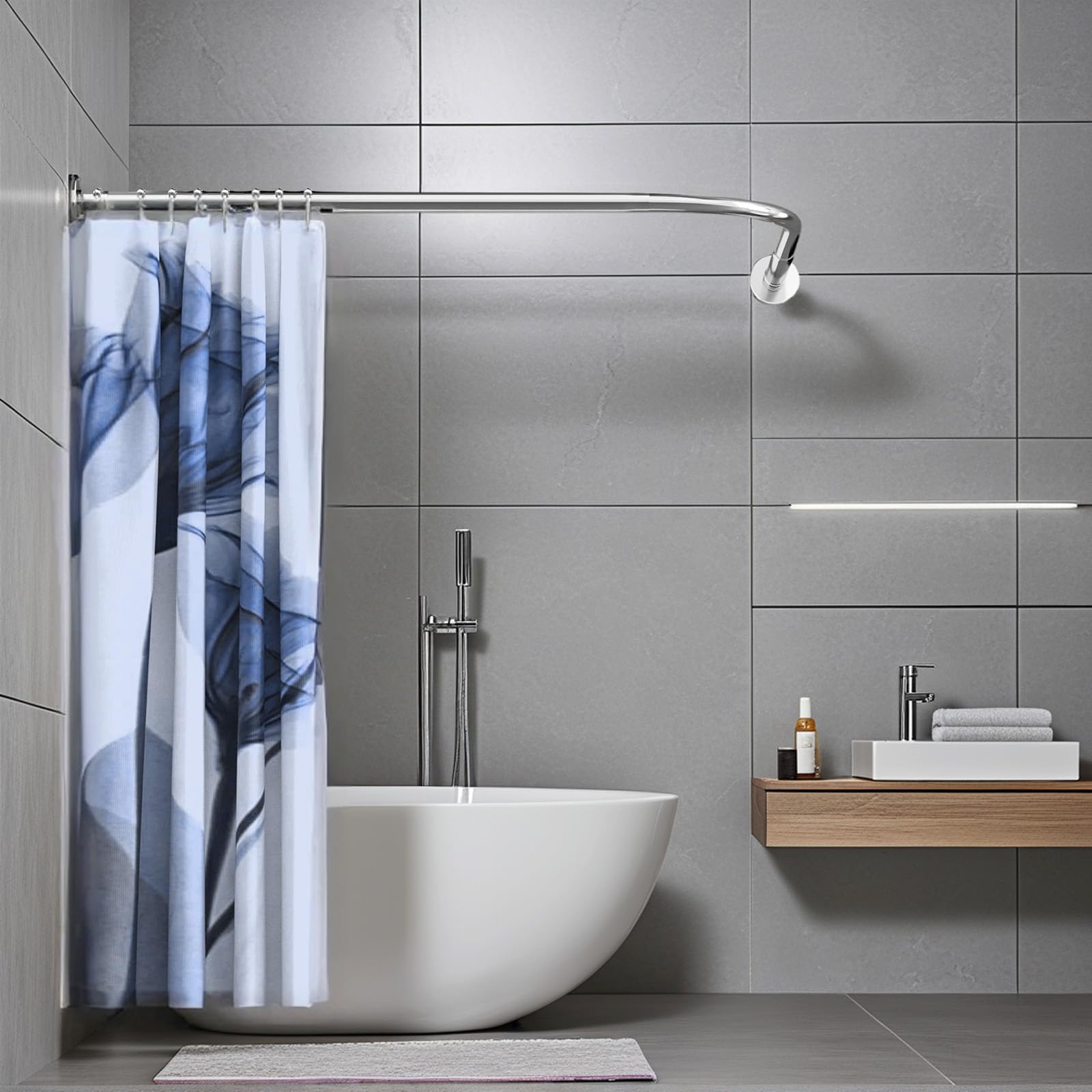 Adjustable Corner Shower Curtain Rod, Stretchable Stainless Steel L Shaped Shower Curtain Rail, Curved Bowed Shower Curtain Pole, Drill Or No Drill, For Bathroo(Size:A 70-95cm X 70-95cm,Color:Silver)