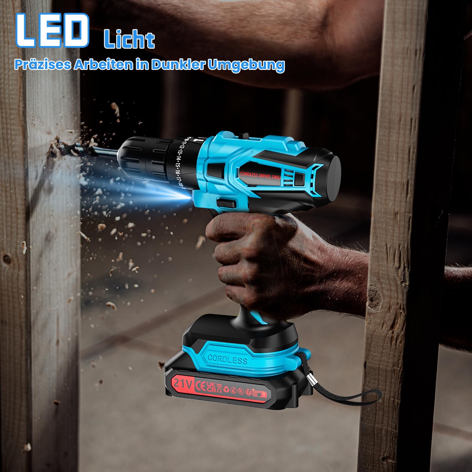 Akkuschrauber, 21V Akku Bohrschrauber Set mit 2 Akkus 2.0Ah, 45 Nm Max, 25+3 Drehmomentstufen,2-Gang,10mm Metallbohrfutter,LED-Licht,Für Reparatur & DIY