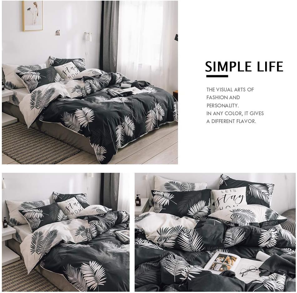 TOP оƒƒERS VM VOUGEMARKET Tropical Leaves Duvet Cover Queen,100% Cotton Reversible Black White Botanical Bedding Set,Teen Girls Comforter Cover with Zipper Closure