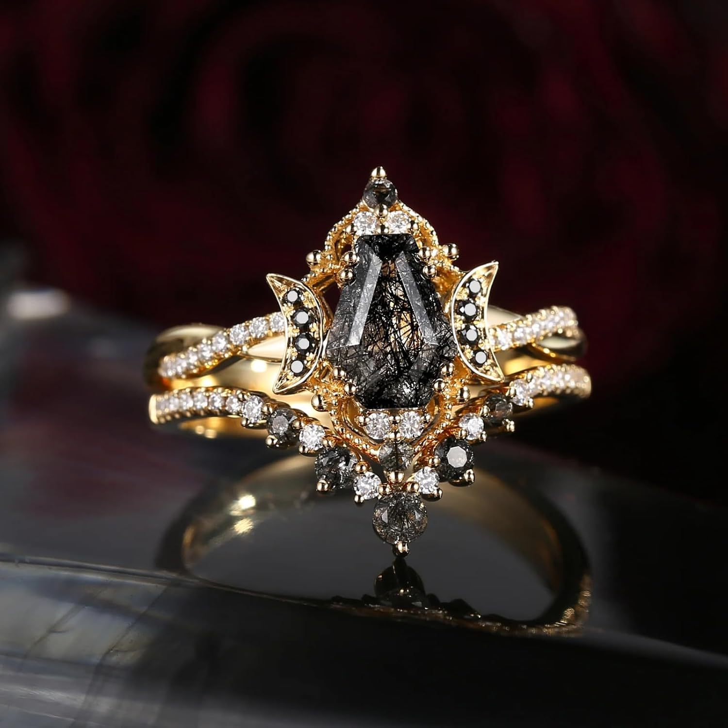 1/1.5/2 Carat Coffin Cut Black Rutilated Quartz Wedding Ring Set for Women S925 10K 14K 18K Gold Black Rutilated Quartz Engagement Rings Unique Bridal Set Promise Rings for Her