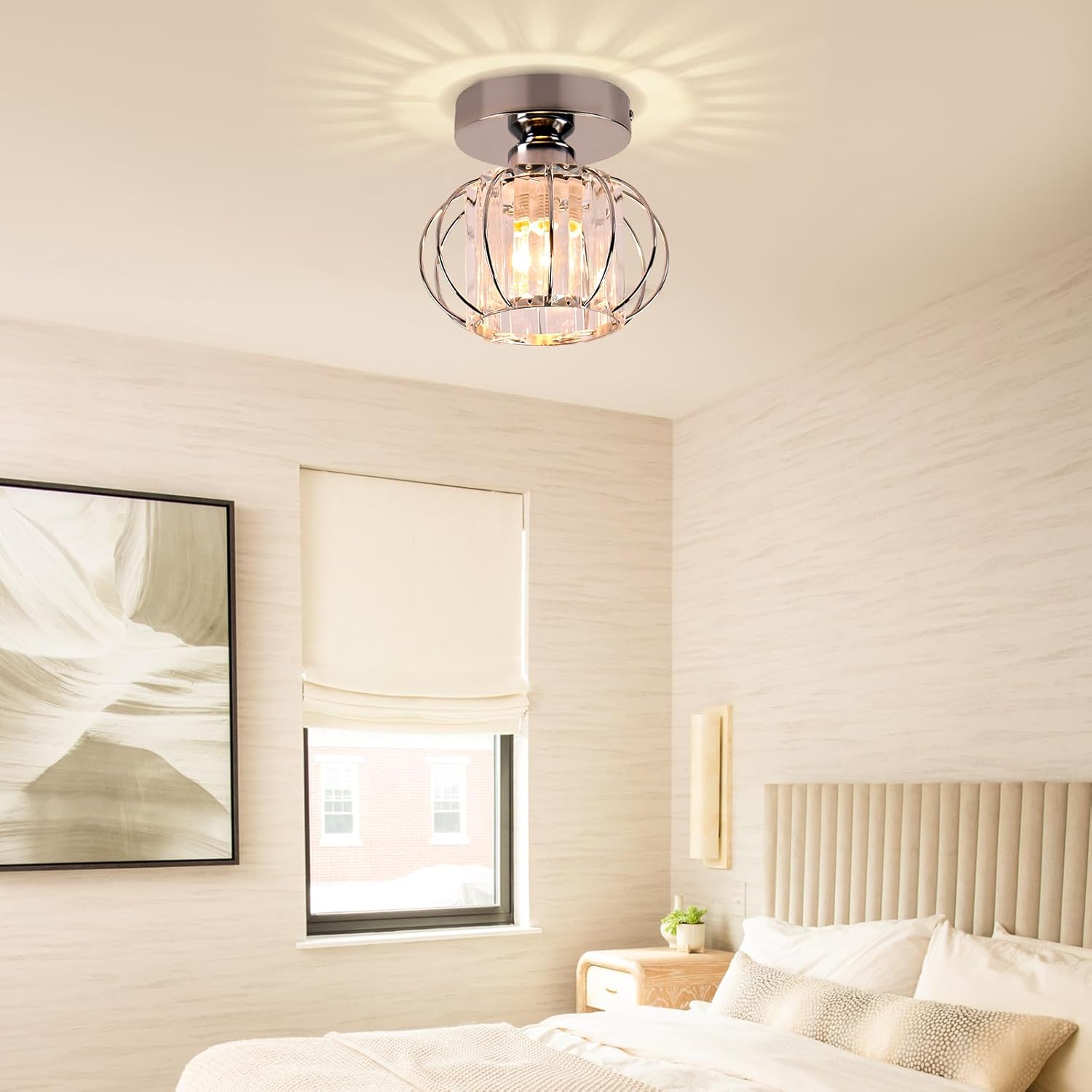 FRIXCHUR Small Chandelier Semi Flush Mount Ceiling Light Fixture Chrome Crystal Ceiling Lighting Modern Crystal Ceiling Light Fixture for Hallway Closet Kitchen Island Dining Room Bedroom E26 Base
