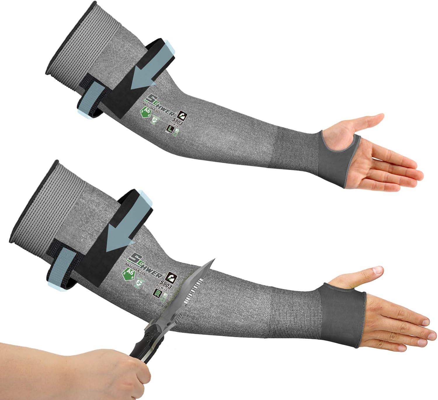 Schwer AIR-SKIN ANSI A6 Cut Resistant Arm Sleeves for Men & Women, Arm Protectors for High Risk Work, Gardening Sleeves, 10 Pairs, Dark Grey, 18 IN