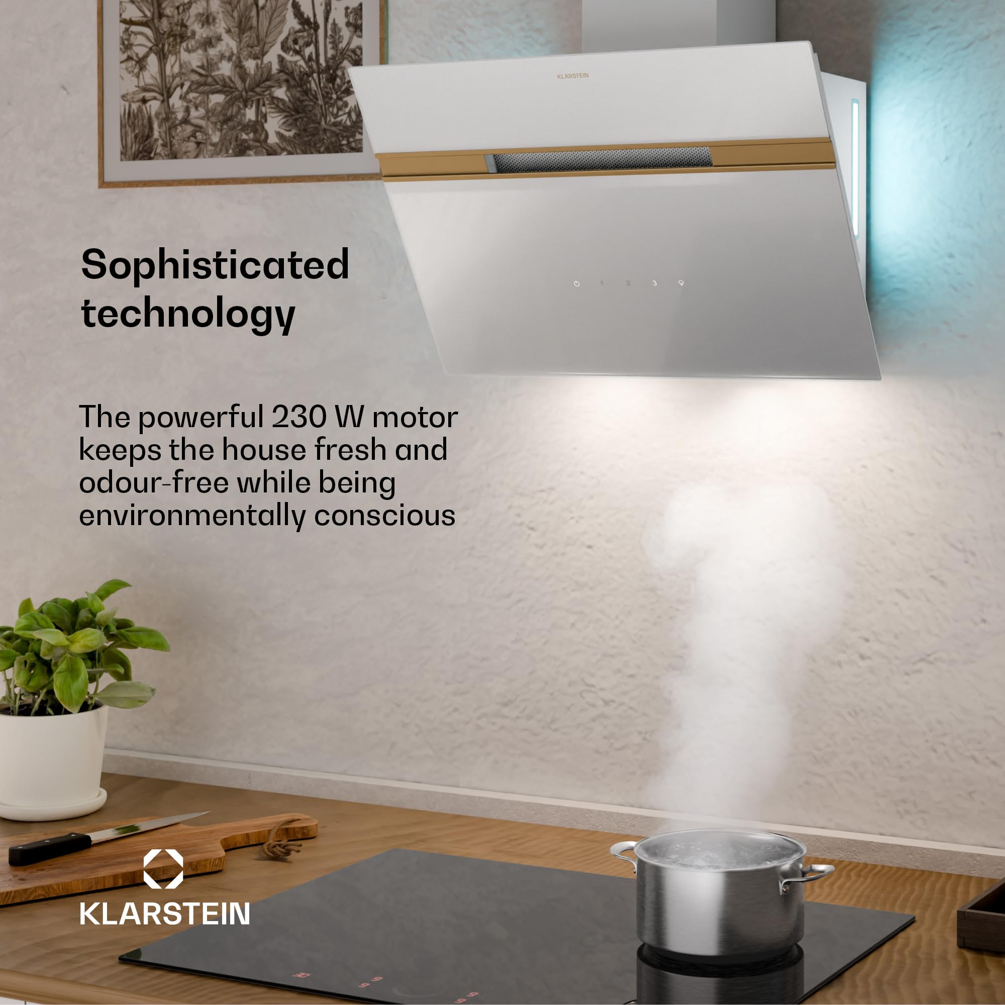 Klarstein Alina Okap kuchenny przyścienny – 60 cm, przepływ 600 m³/h, sterowanie dotykowe, klasa energetyczna A, podświetlenie LED w 9 kolorach, cichy 52 dB, biało-złoty, opcja recyrkulacji