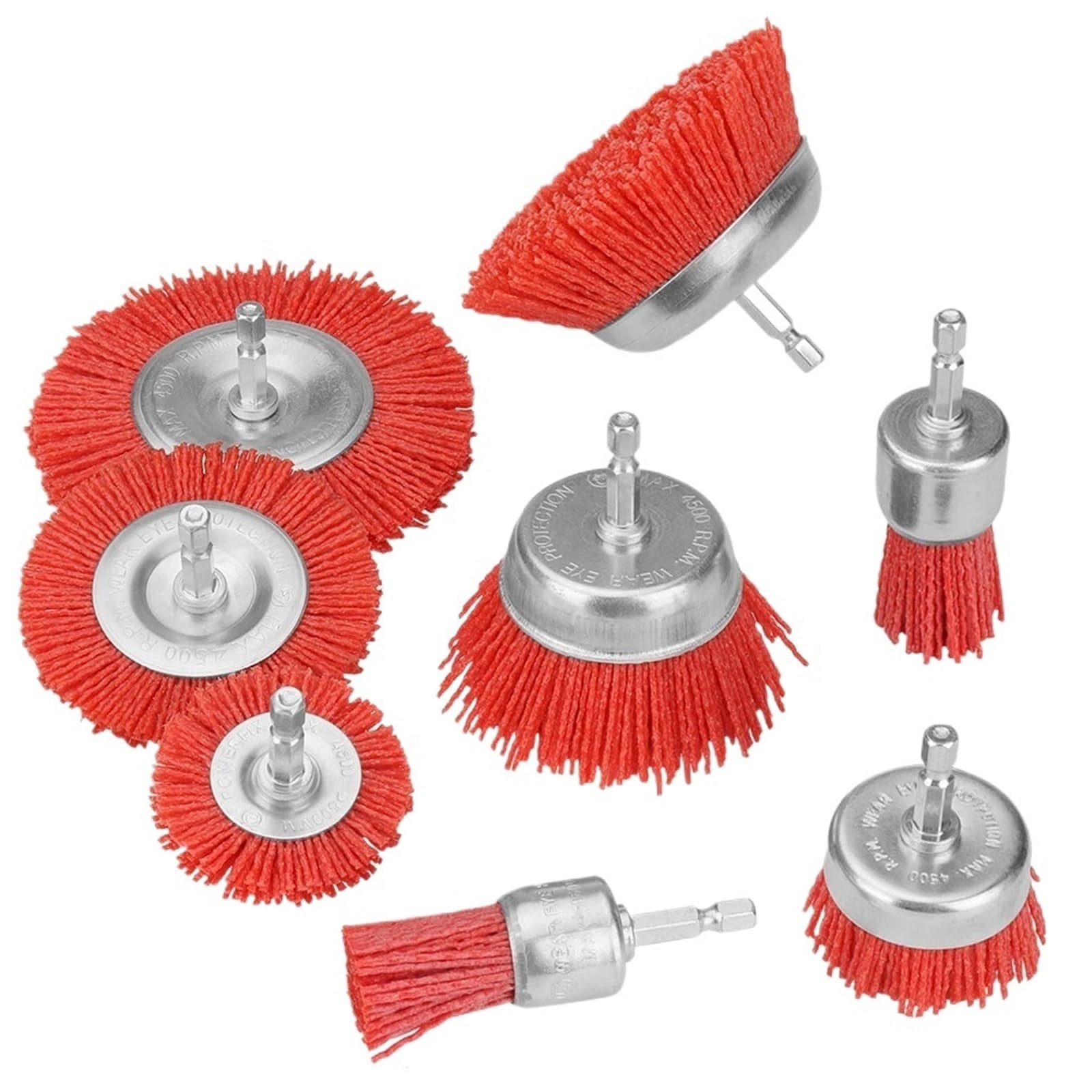 Szczotka druciana ze stali węglowej, Czerwone nylonowe kółko ścierne do szczotki garnkowej wiertarki, polerowania drewna, 20-100 mm, trzpień 1/4"(8Pc mix)