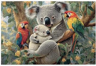 1000 PCS Adult Wooden Jigsaw Puzzle, Koala Pair On Tree Branches, Tropics Birds in Canopy, Mixed Foliage and Blossoms, Stress Relieving Pleasure,Ideal for Relaxation and Family Fun