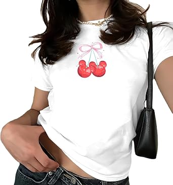 Pink Bow Cherries Shirt Women Coquette Tops Clean Girl Aesthetic Shirts