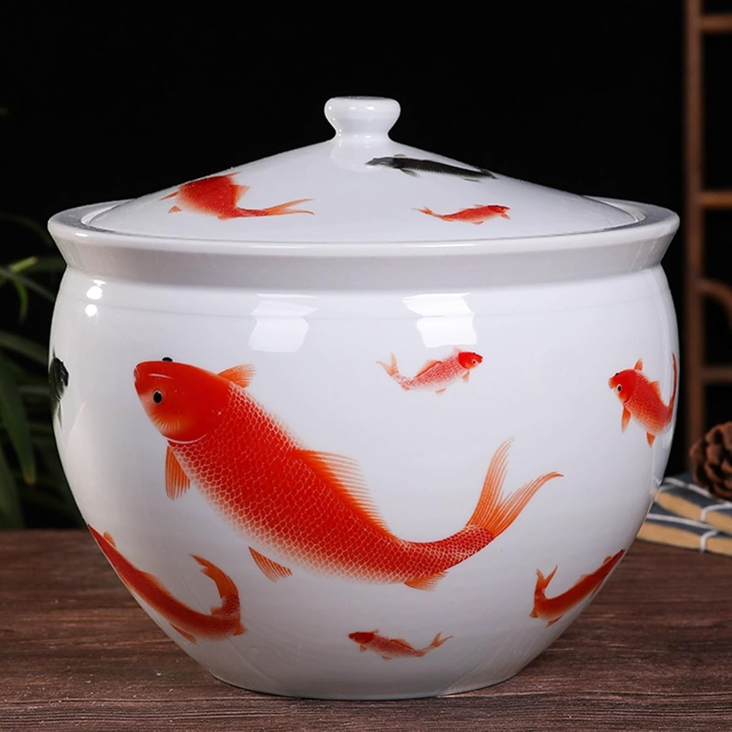 JKGHK Rice Container, Ceramic Rice Cylinder with Lid, Household Rice Bucket, Chinese Jar Ceramic Decorative, for Coffee, Sugar, Tea, Flour and More(White G,5kg)