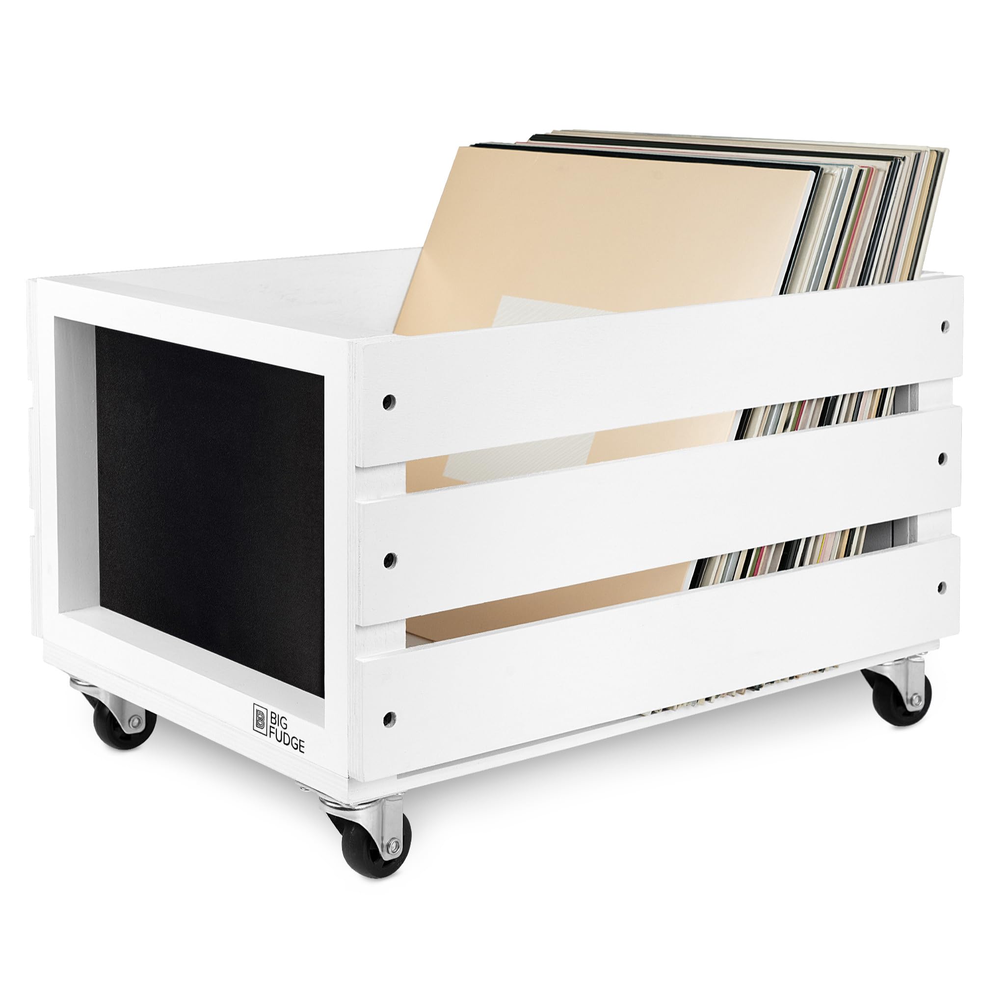 Big Fudge White W/ Wheel Paper Frame Record Crate With Chalkboard White,With 43.00X34.70x22.90 Cm
