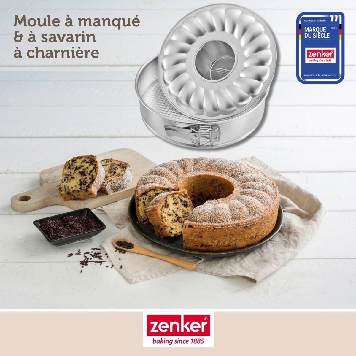Zenker 9341950 Lot de 2 Moules à manqué et savarin à charnière en acier étamé, Moule à 2 fonds amovibles en fer blanc, Argenté, Acier étamé, 26cm