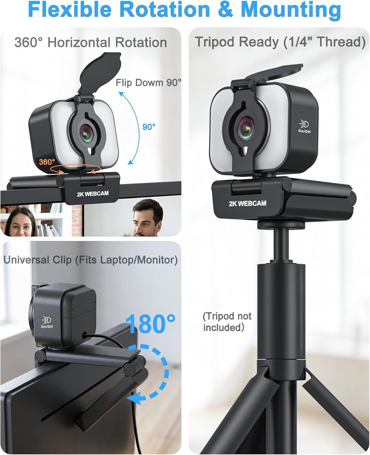 Atatat 2K Webcam for PC with Microphone & Light & Privacy Cover, Web Camera for Desktop/Laptop/Monitor/Mac, Autofocus USB Computer Camera for Zoom/Skype/Teams/Video Calling/Meeting/Streaming