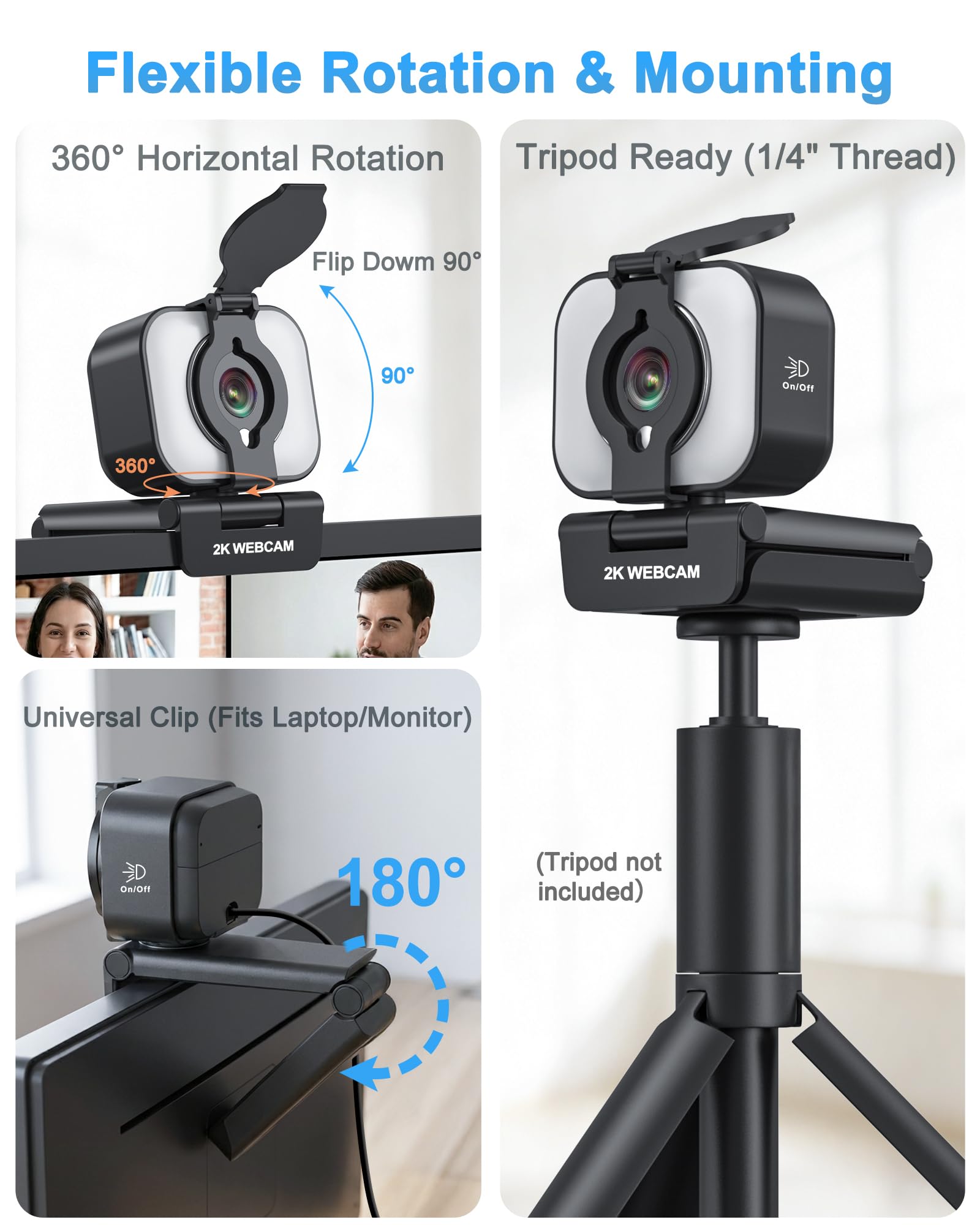 Atatat 2K Webcam for PC with Microphone & Light & Privacy Cover, Web Camera for Desktop/Laptop/Monitor/Mac, Autofocus USB Computer Camera for Zoom/Skype/Teams/Video Calling/Meeting/Streaming — view 6