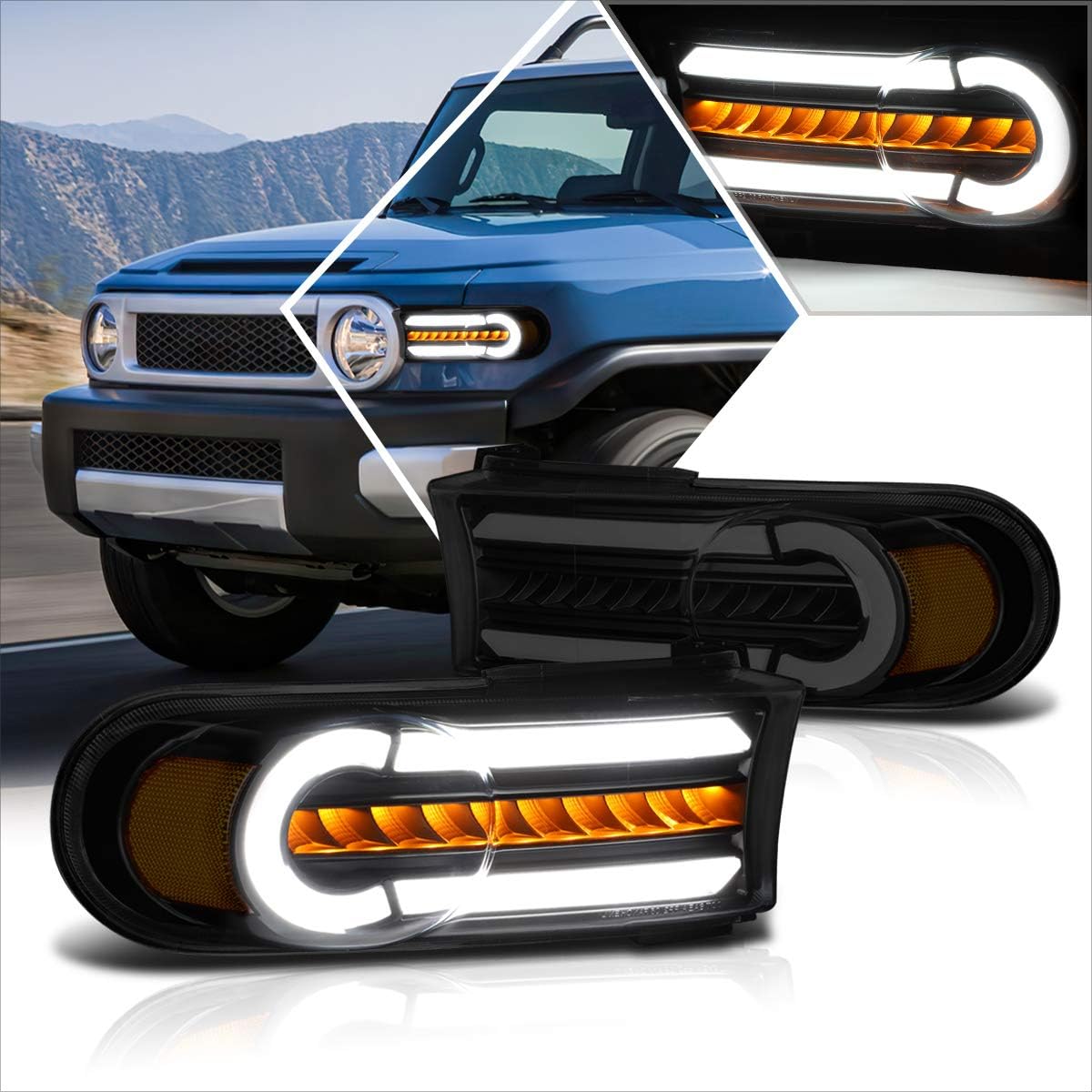 PM PERFORMOTOR [Led DRL Light Bar+Sequential Turn Signal] Bumper Lights Compatible with 07-14 FJ Cruiser(Amber Corner)