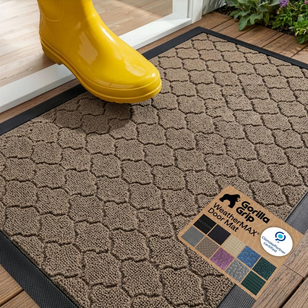 GORILLA GRIP 100% Waterproof All-Season WeatherMAX Doormat US Designed Natural Rubber, Stain and Fade Resistant, Low Profile Indoor Outdoor Door Mats, Easy Clean Patio Mat, 29x17, Latte Quatrefoil