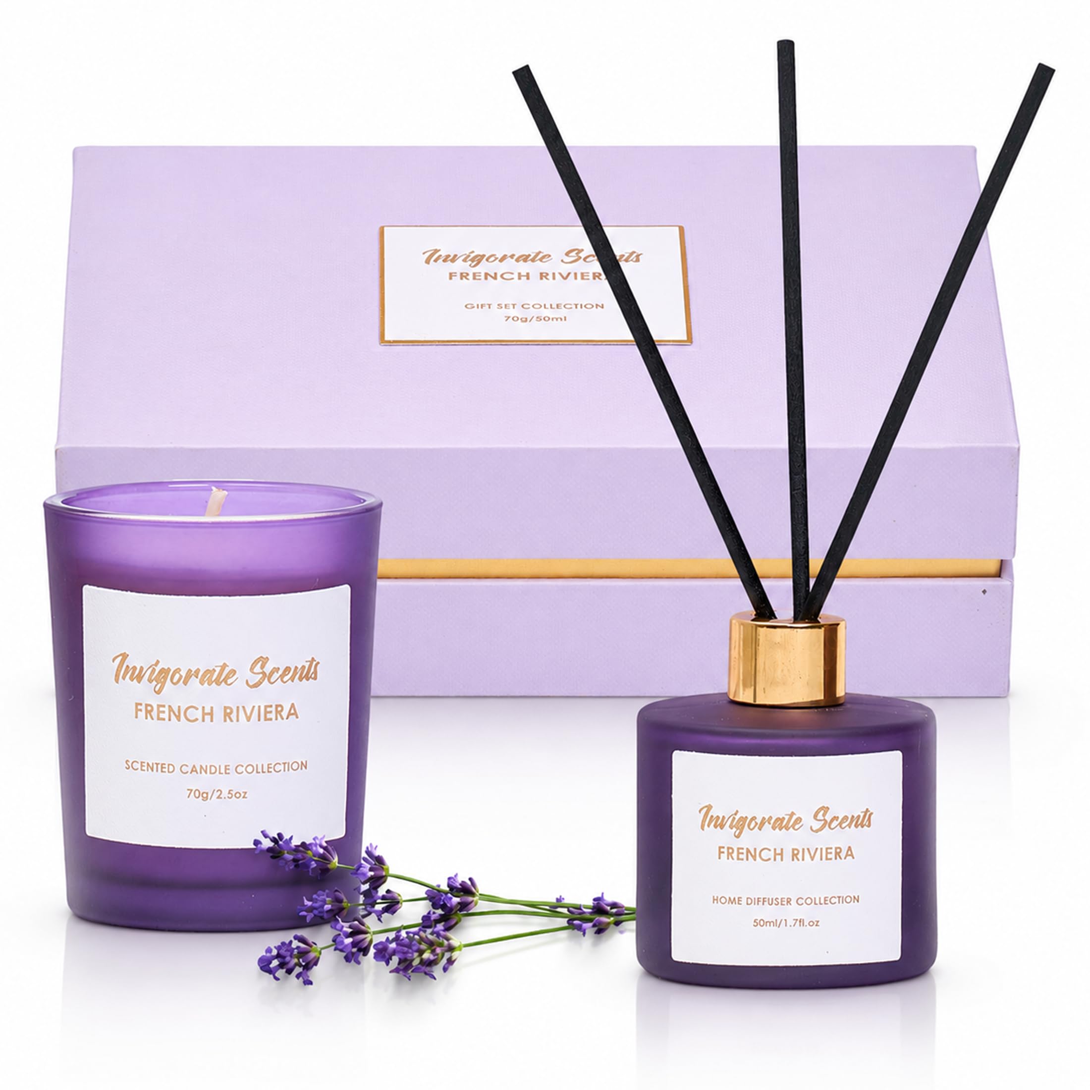 French Riviera Candle & Reed Diffuser Gift Set – Lavender Scented Home Fragrance, Relaxing Aromatherapy Candles for Stress Relief, Luxury Gift for Women & Men, Birthday & Housewarming Present