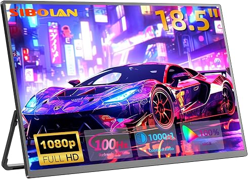 Portable Monitor 18.5 1080P 100Hz 100% sRGB, Aluminum Alloy Shell, IPS Travel Monitor with USB-C HDMI Large Portable Screen for Laptop MacBook PC PS4/5 Gaming Monitor with Kickstand