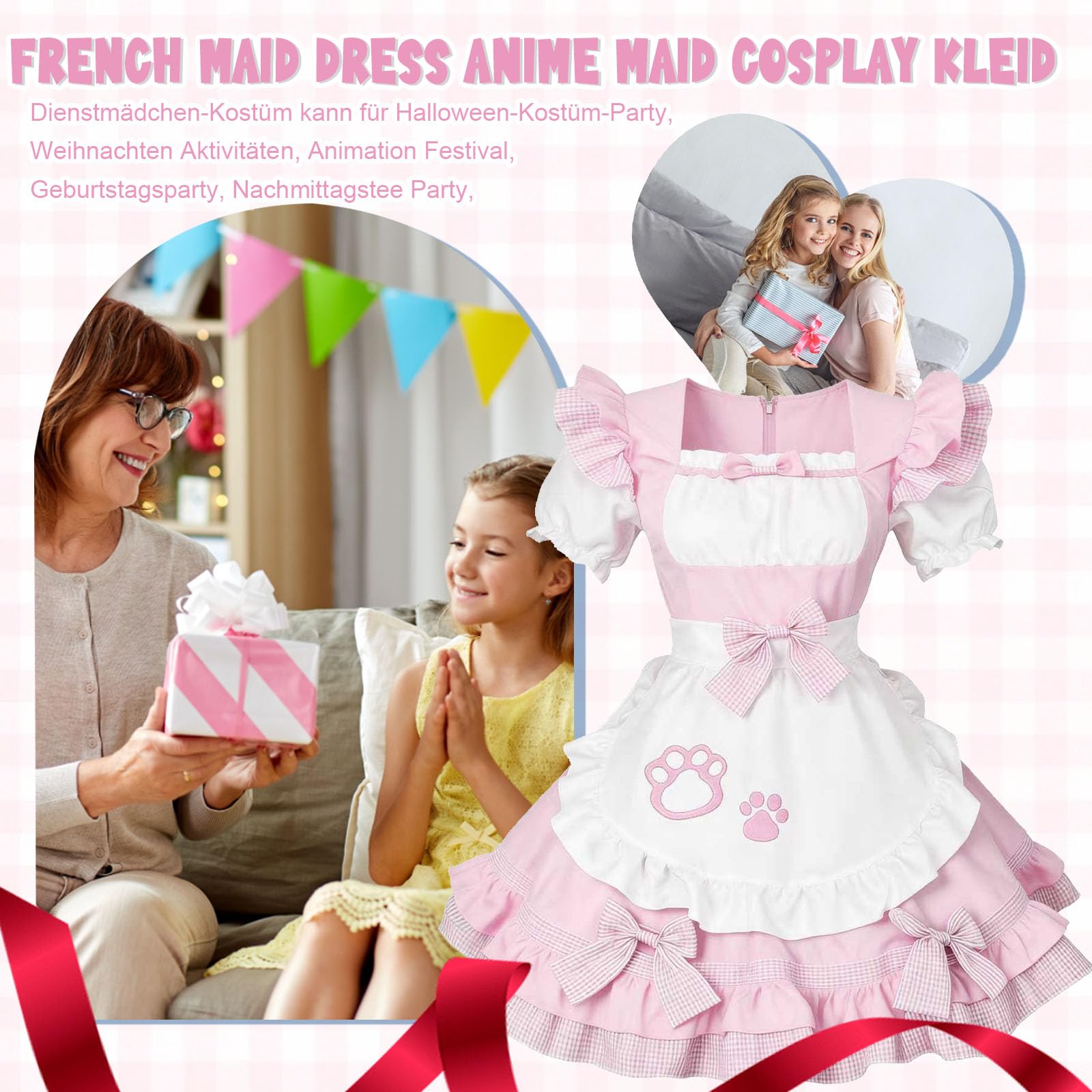 Maid Outfit Déguisement Lolita Cosplay Anime Outfit French Maid avec Oreilles de Chat Collier Cloche Chaussettes Costume de Soubrette Chat pour Halloween Carnaval Fête Cosplay Noël