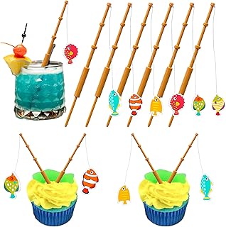 Ephlyn 6 piezas de mini decoración de caña de pescar para pescador, decoraciones de fiesta de pesca, decoración de pastel de pesca, suministros de fiesta temática de pesca para fiestas de cumpleaños