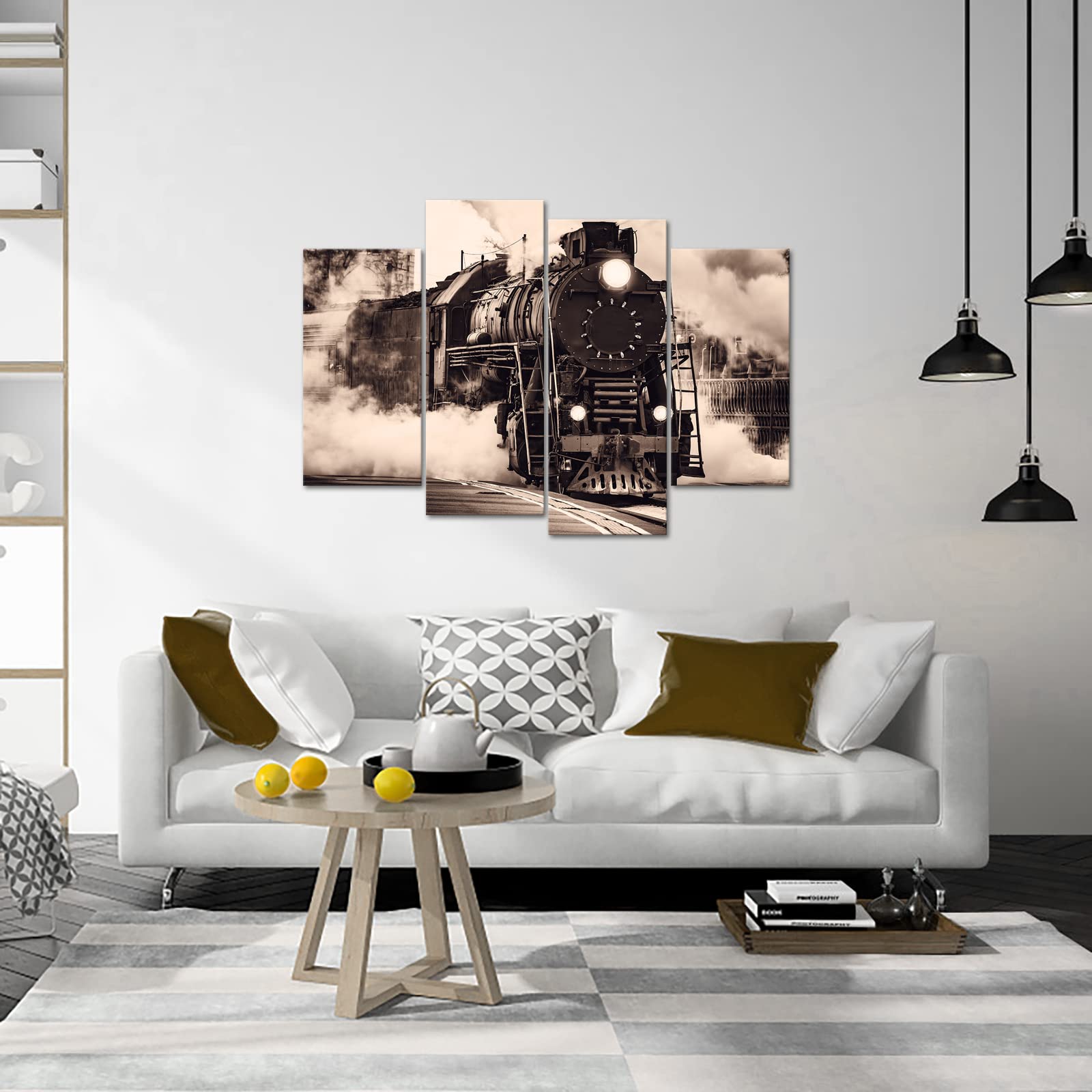 Nachic Wall Old Train Picture Canvas Art Retro Sepia Brown Steam Train Poster Painting on Canvas Vintage Vehicle Poster for Home Office Living Room Decorations